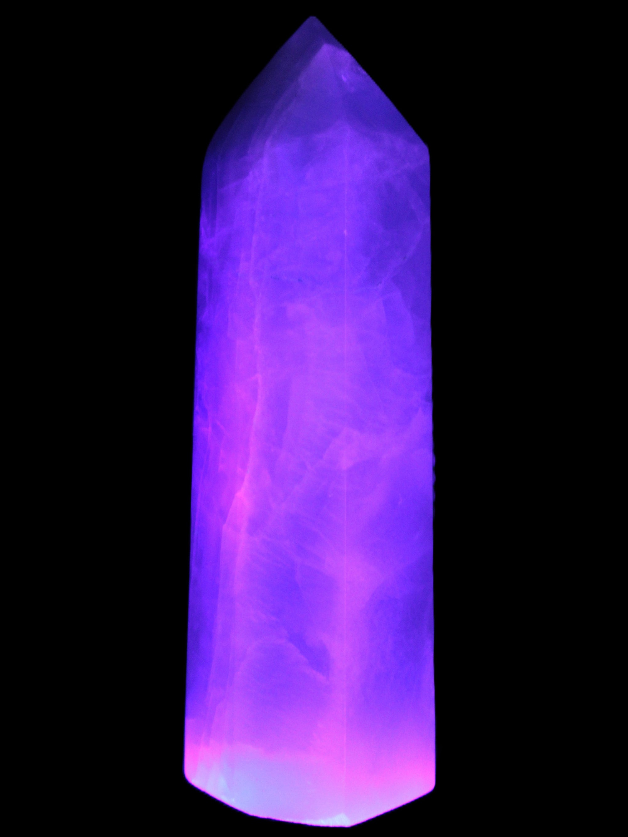 Fluorite obelisk 50*50*190mm 1173g in UV light - Rocks and Things Store
