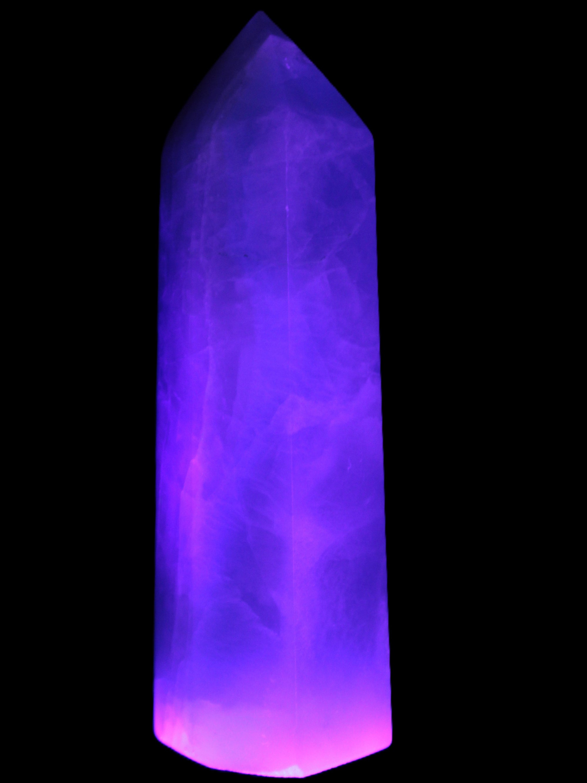 Fluorite obelisk 50*50*190mm 1173g in UV light - Rocks and Things Store