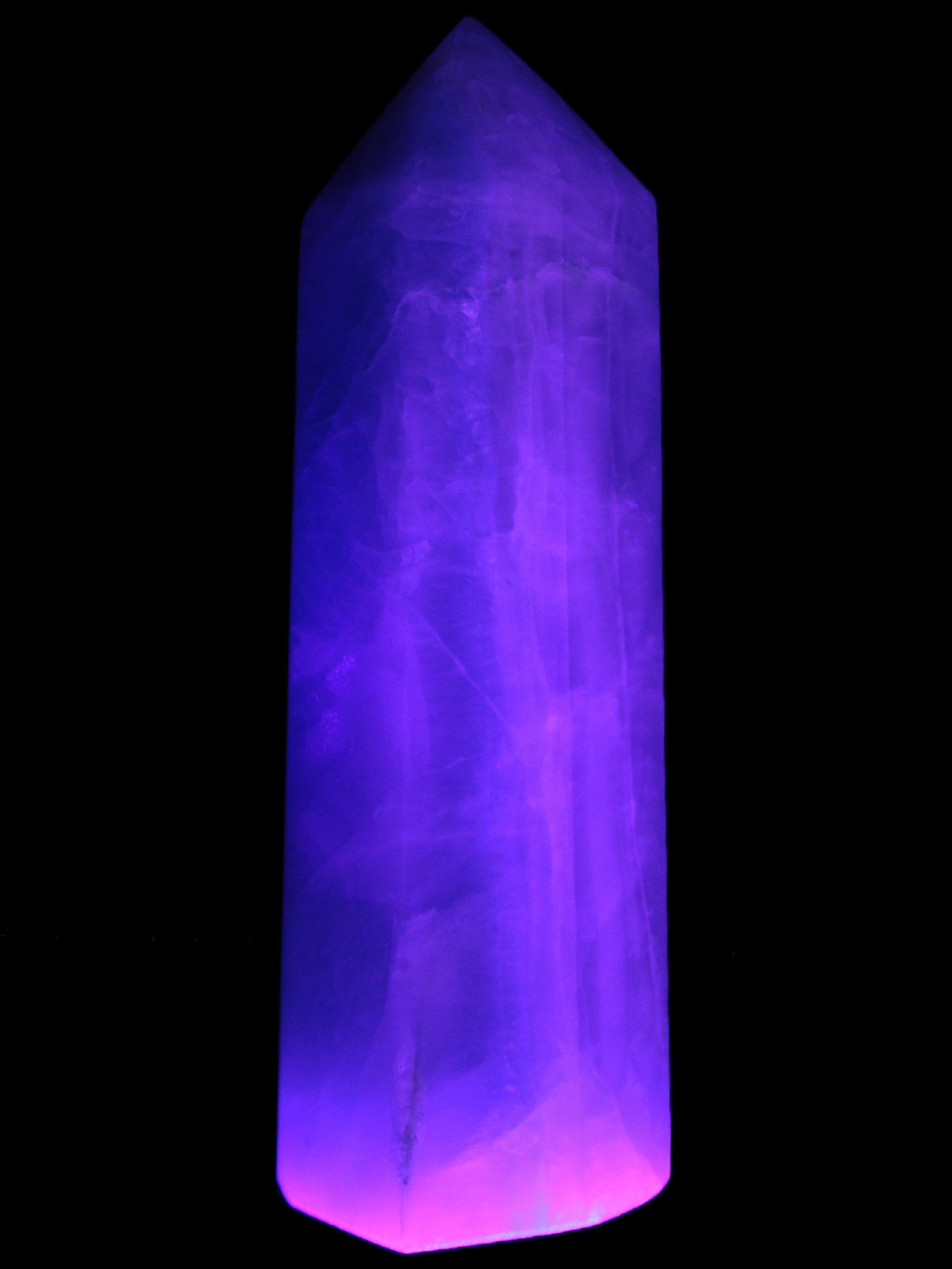 Fluorite obelisk 50*50*190mm 1173g in UV light - Rocks and Things Store
