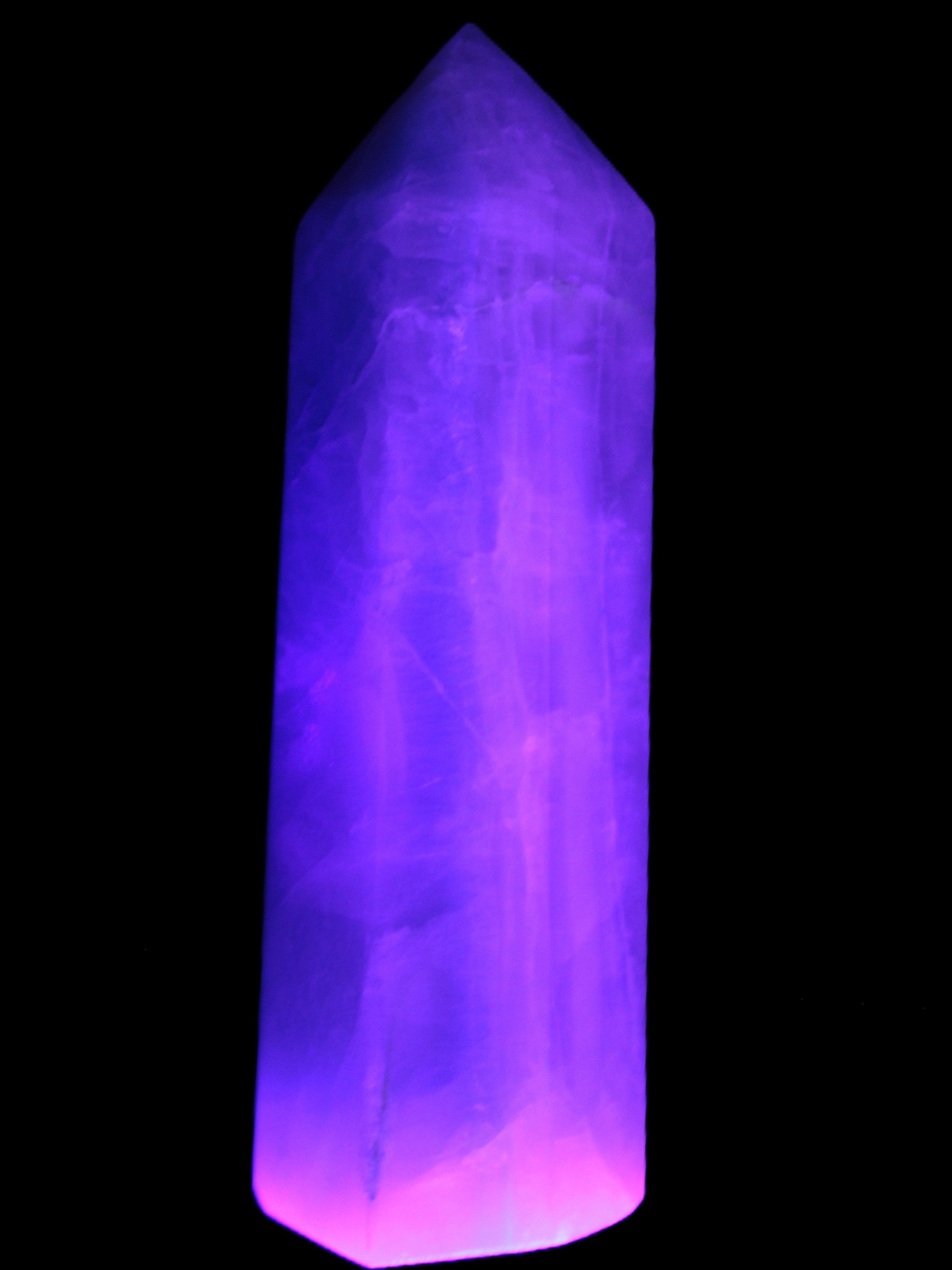 Fluorite obelisk 50*50*190mm 1173g in UV light - Rocks and Things Store