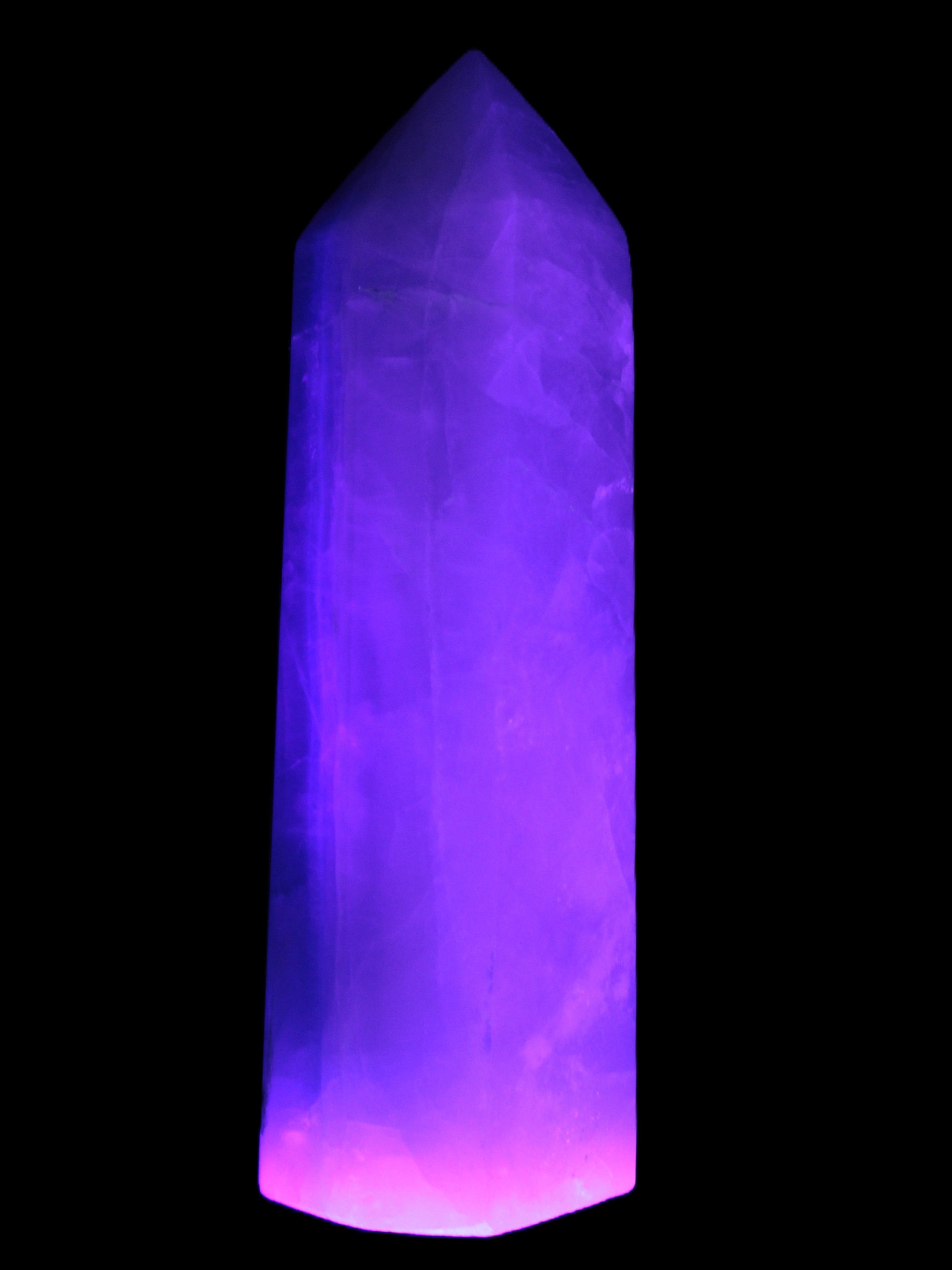 Fluorite obelisk 50*50*190mm 1173g in UV light - Rocks and Things Store