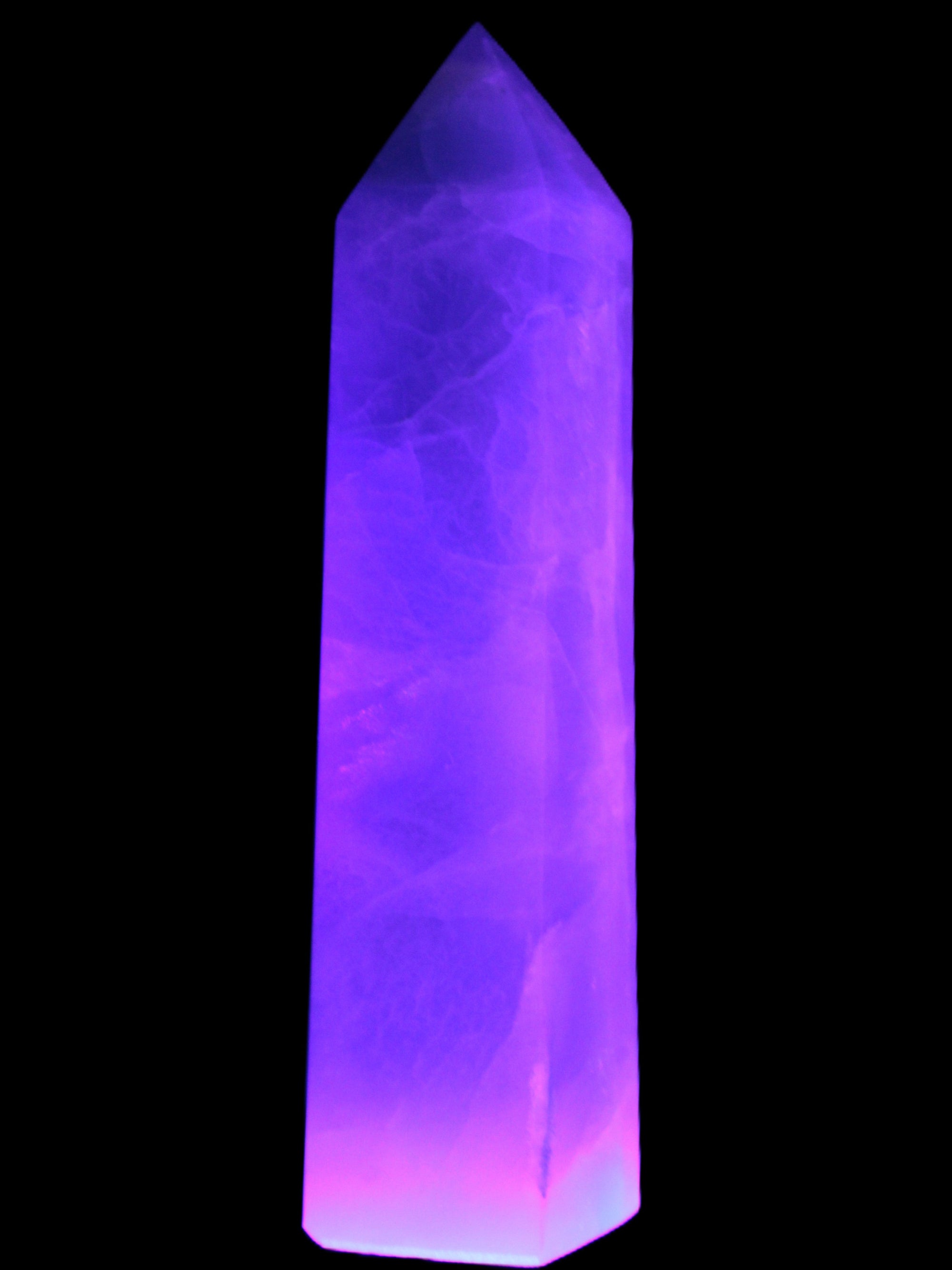 Fluorite obelisk 50*50*190mm 1173g in UV light - Rocks and Things Store