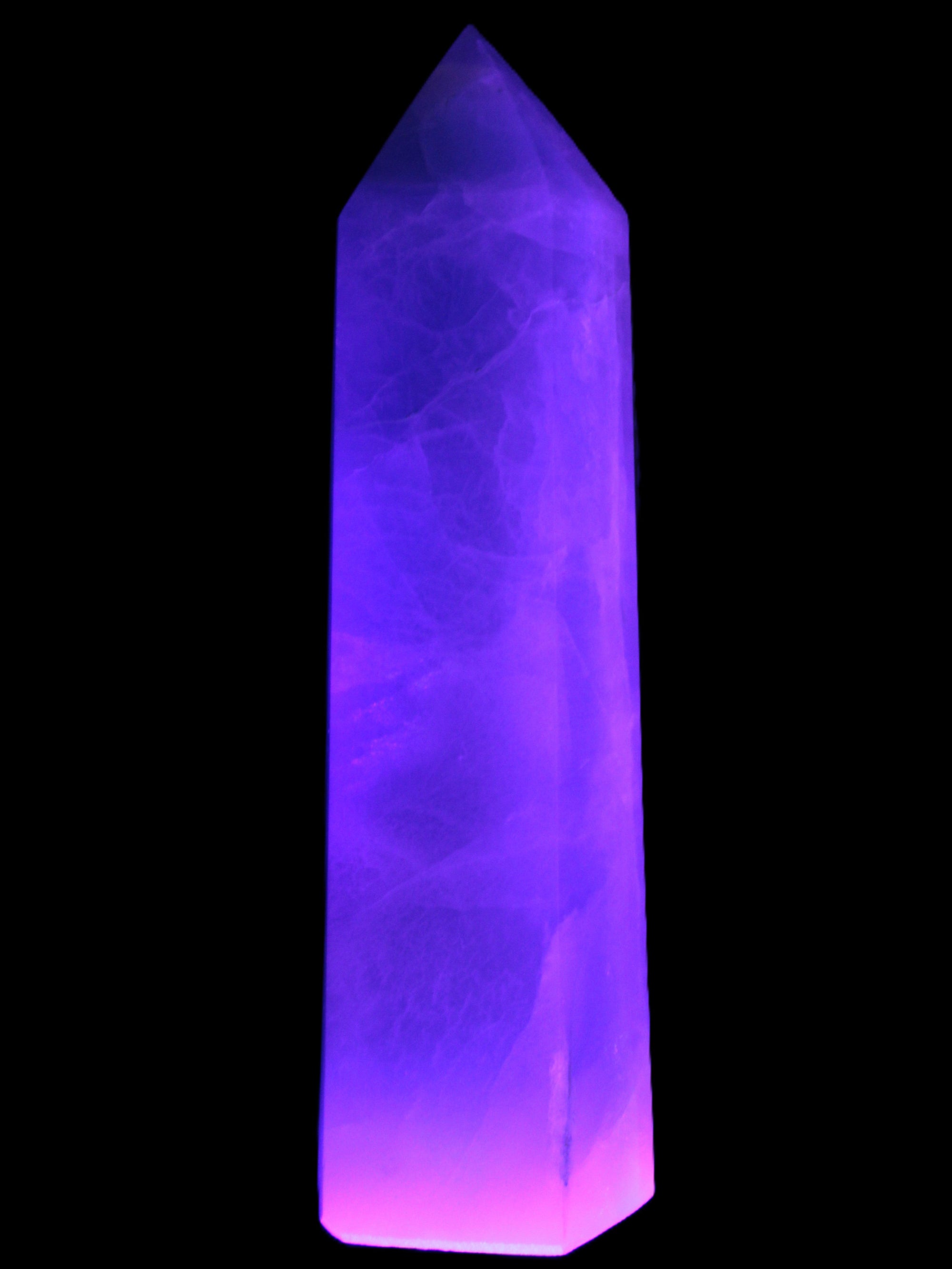 Fluorite obelisk 50*50*190mm 1173g in UV light - Rocks and Things Store