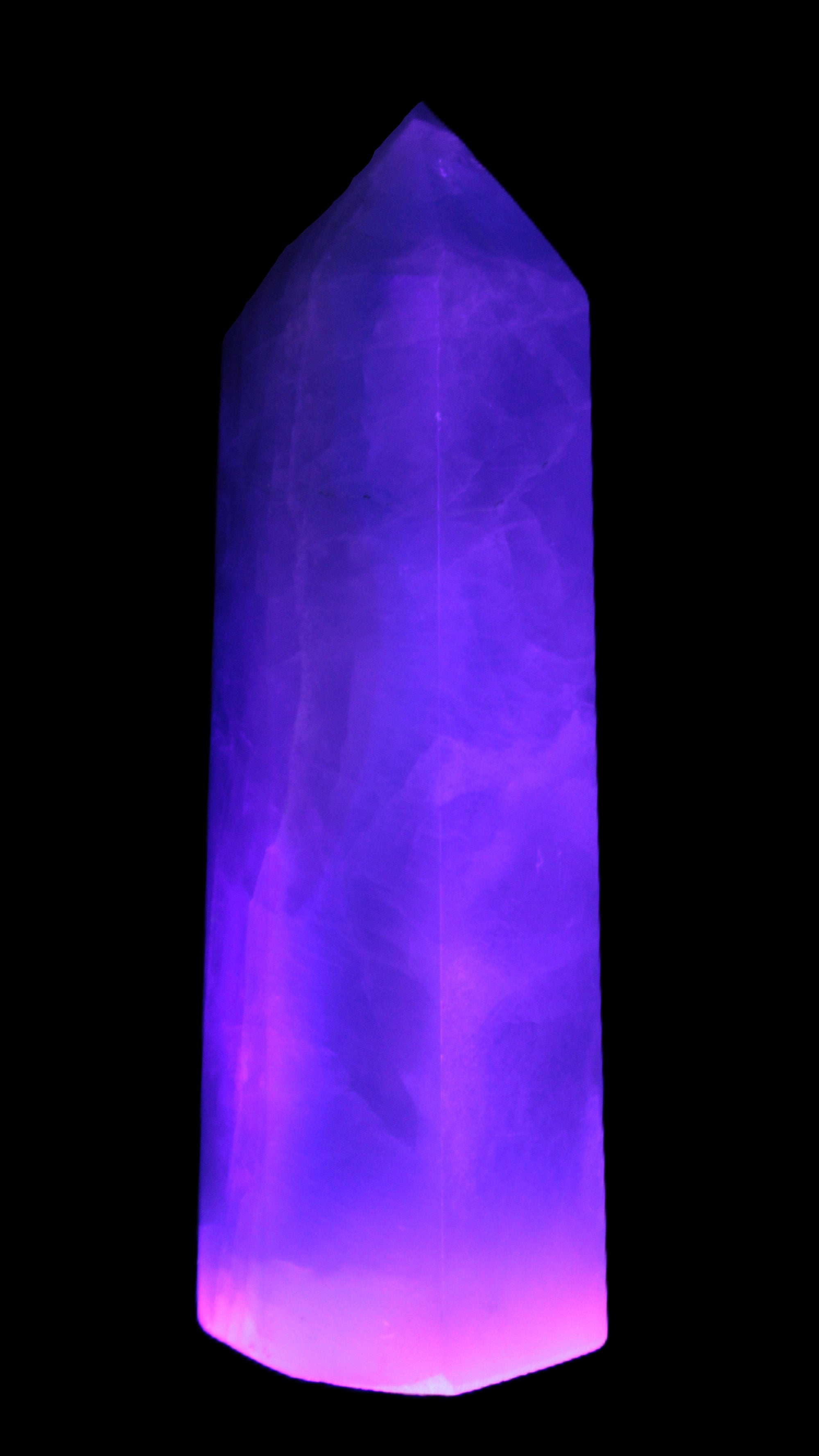 Fluorite obelisk 50*50*190mm 1173g in UV light - Rocks and Things Store