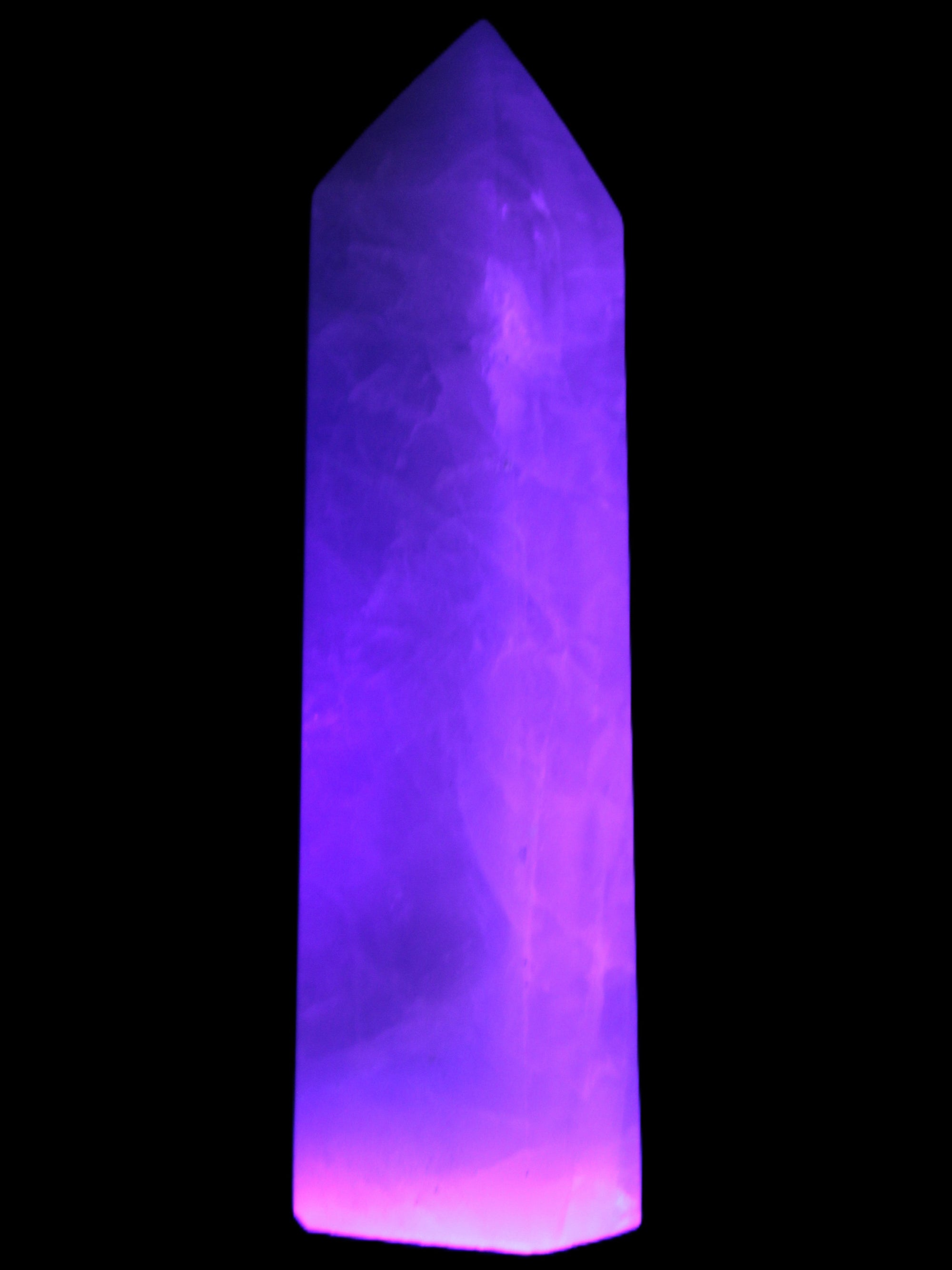 Fluorite obelisk 50*50*190mm 1173g in UV light - Rocks and Things Store