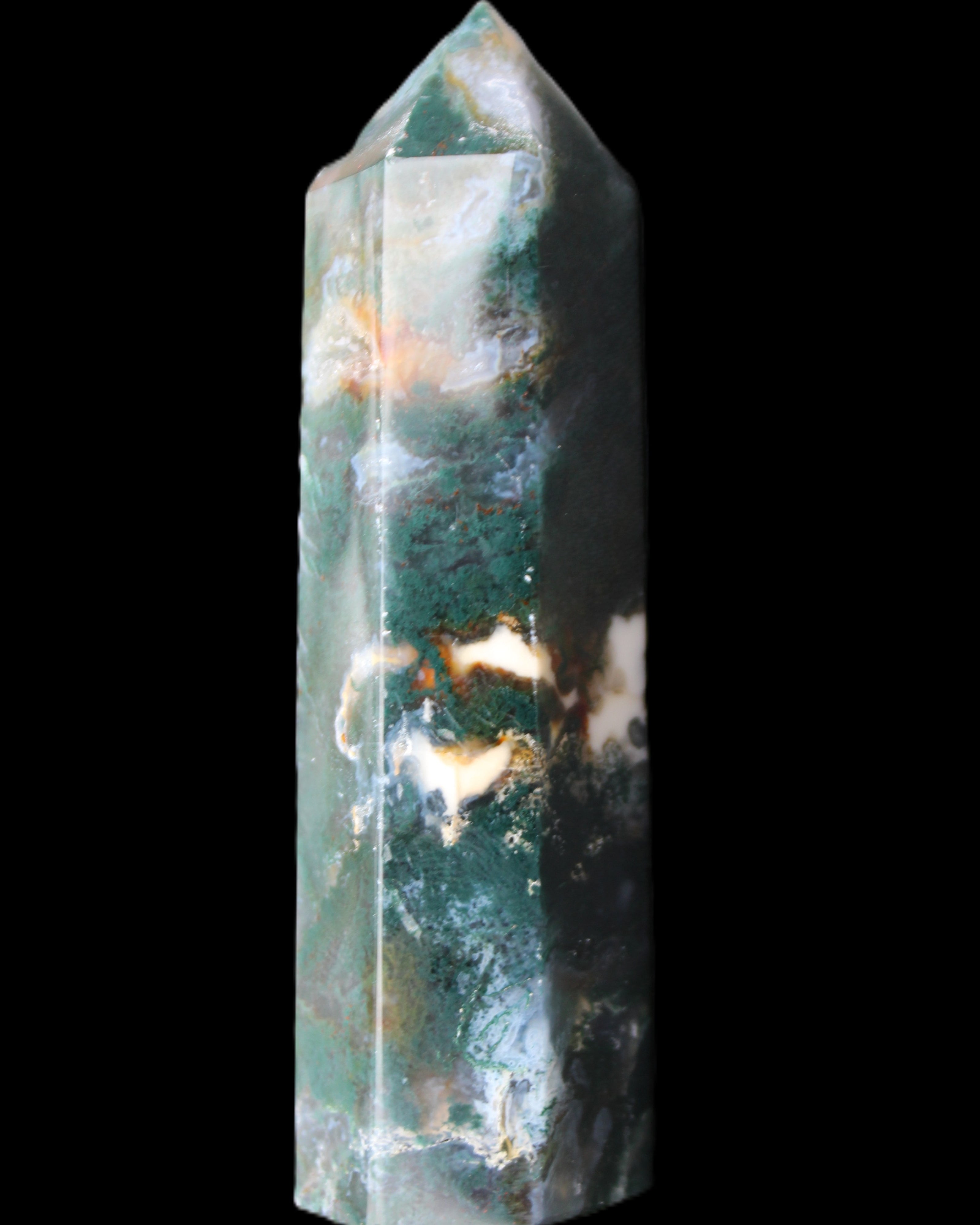 Moss Agate wand 94mm 100g in sunlight - Rocks and Things Store
