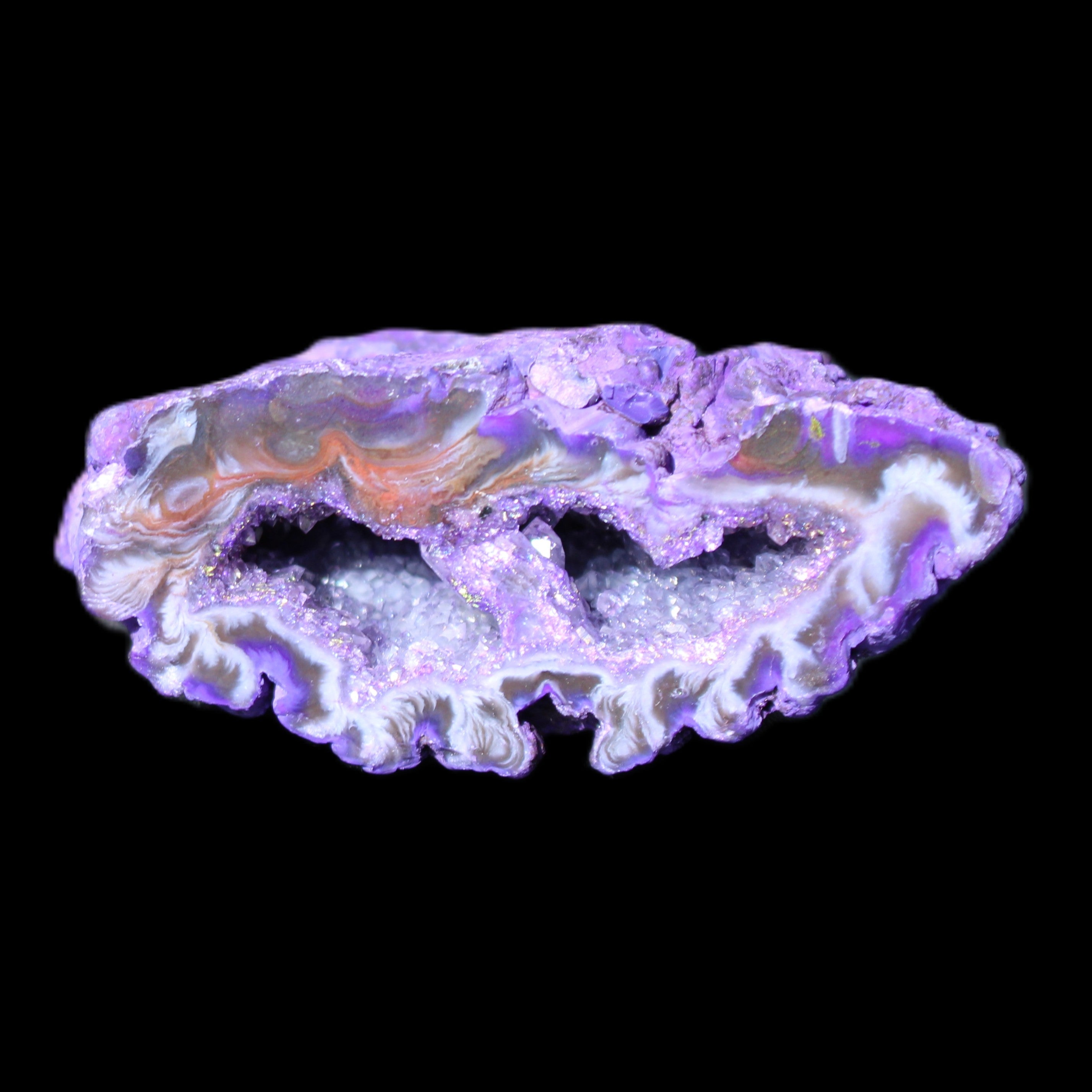 Purplish Electroplated Agate Quartz geodes 48-52mm 48-69g in sunlight - Rocks and Things Store