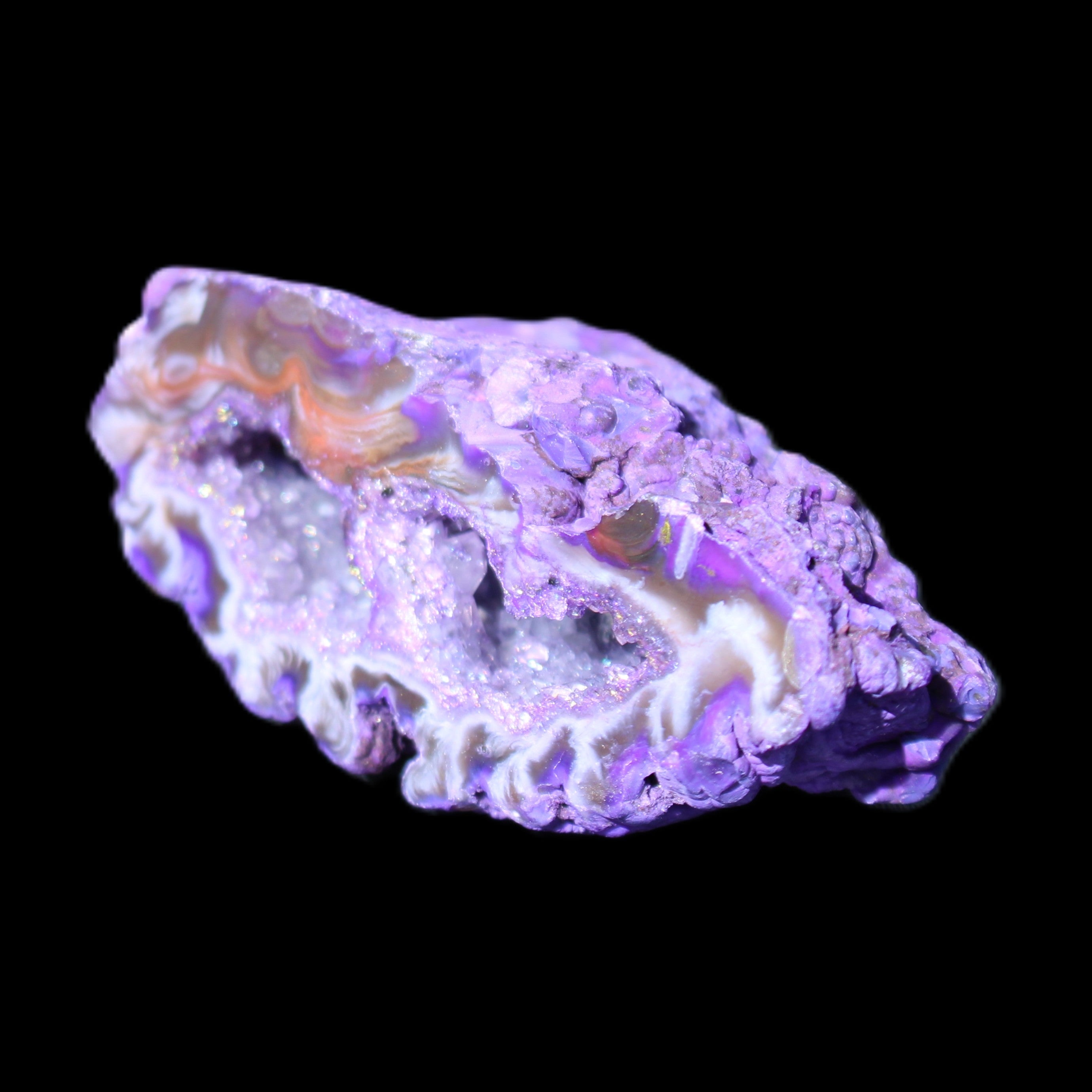 Purplish Electroplated Agate Quartz geodes 48-52mm 48-69g in sunlight - Rocks and Things Store