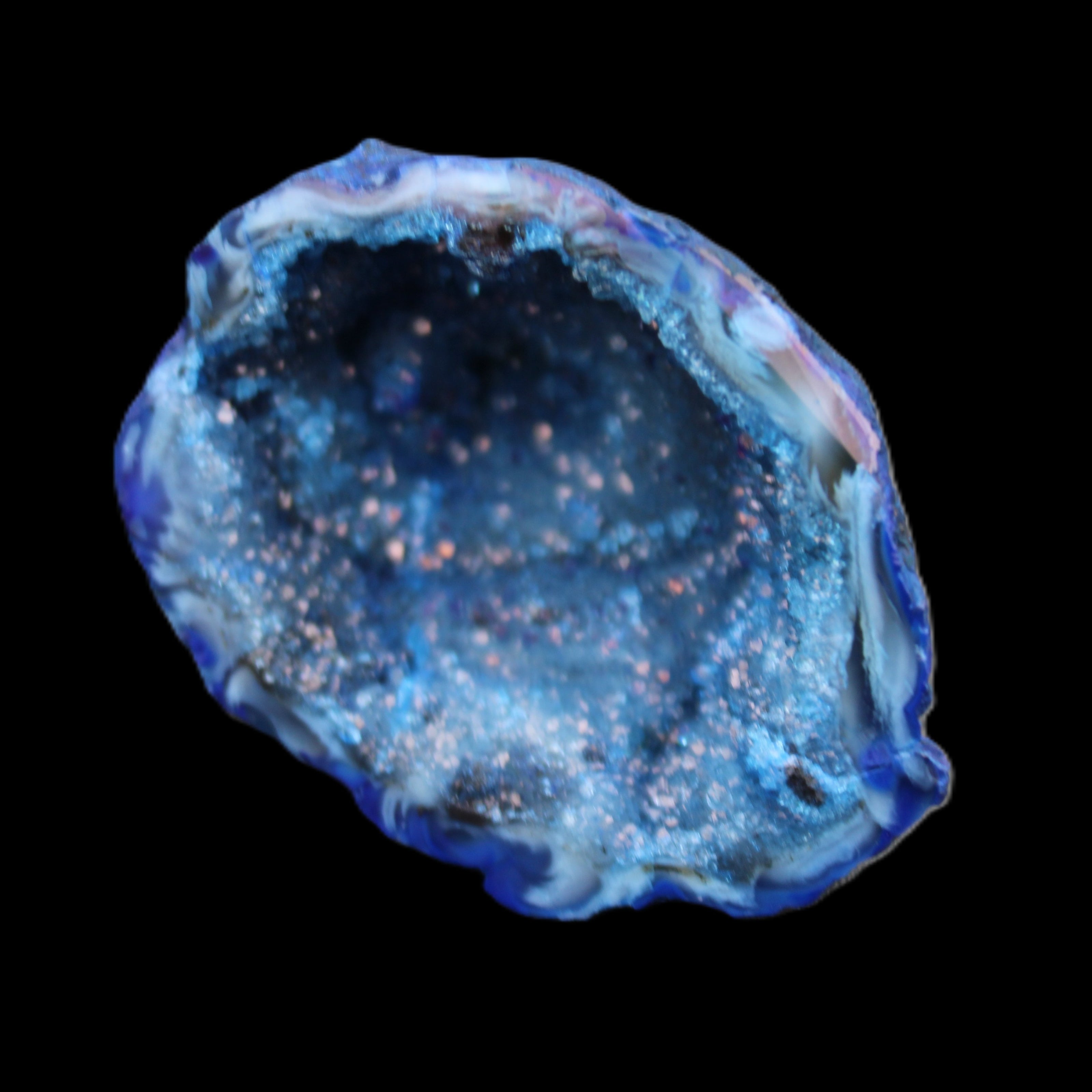 Blue Electroplated Agate Quartz geode range 40-67mm 30-63g in sunlight - Rocks and Things Store