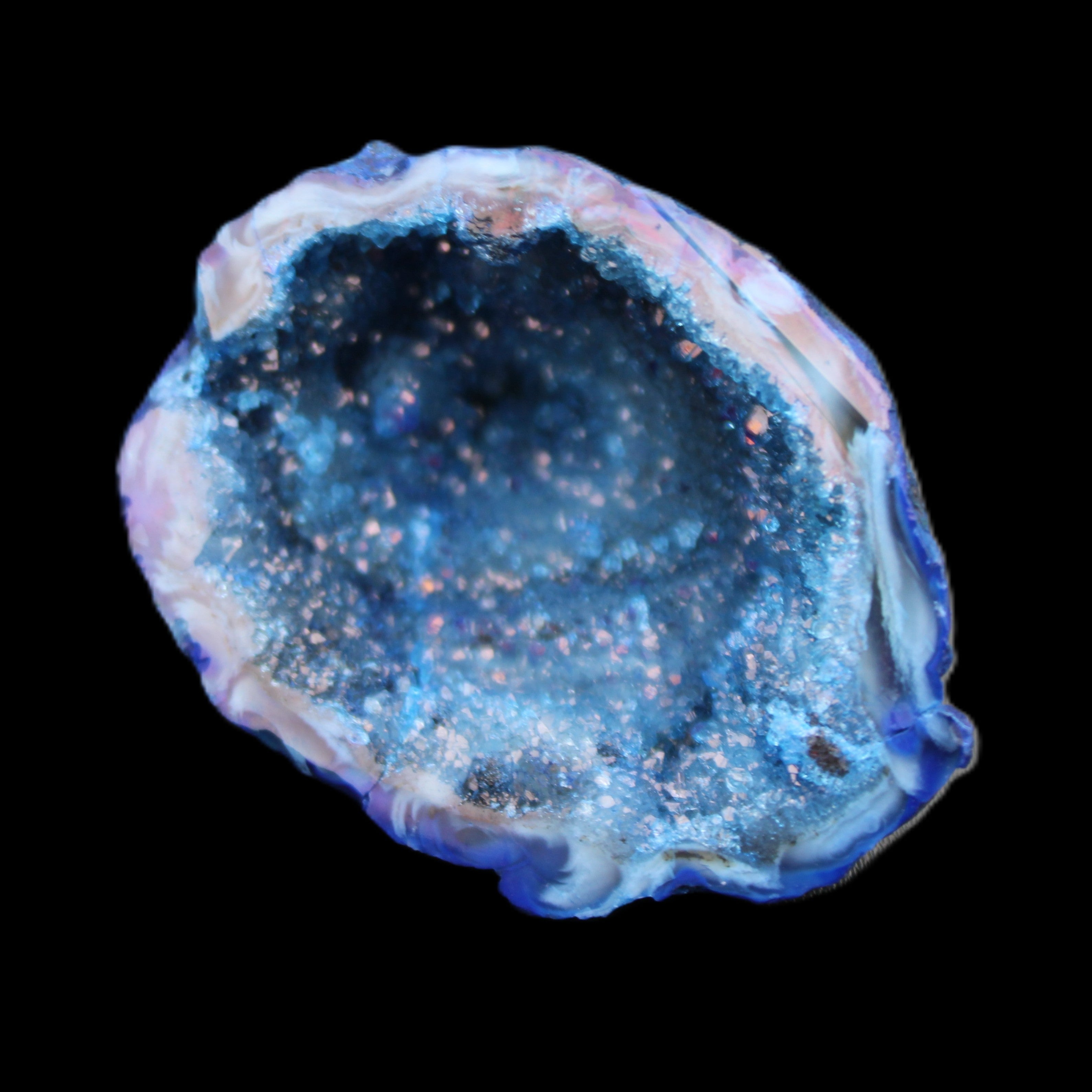 Blue Electroplated Agate Quartz geode range 40-67mm 30-63g in sunlight - Rocks and Things Store