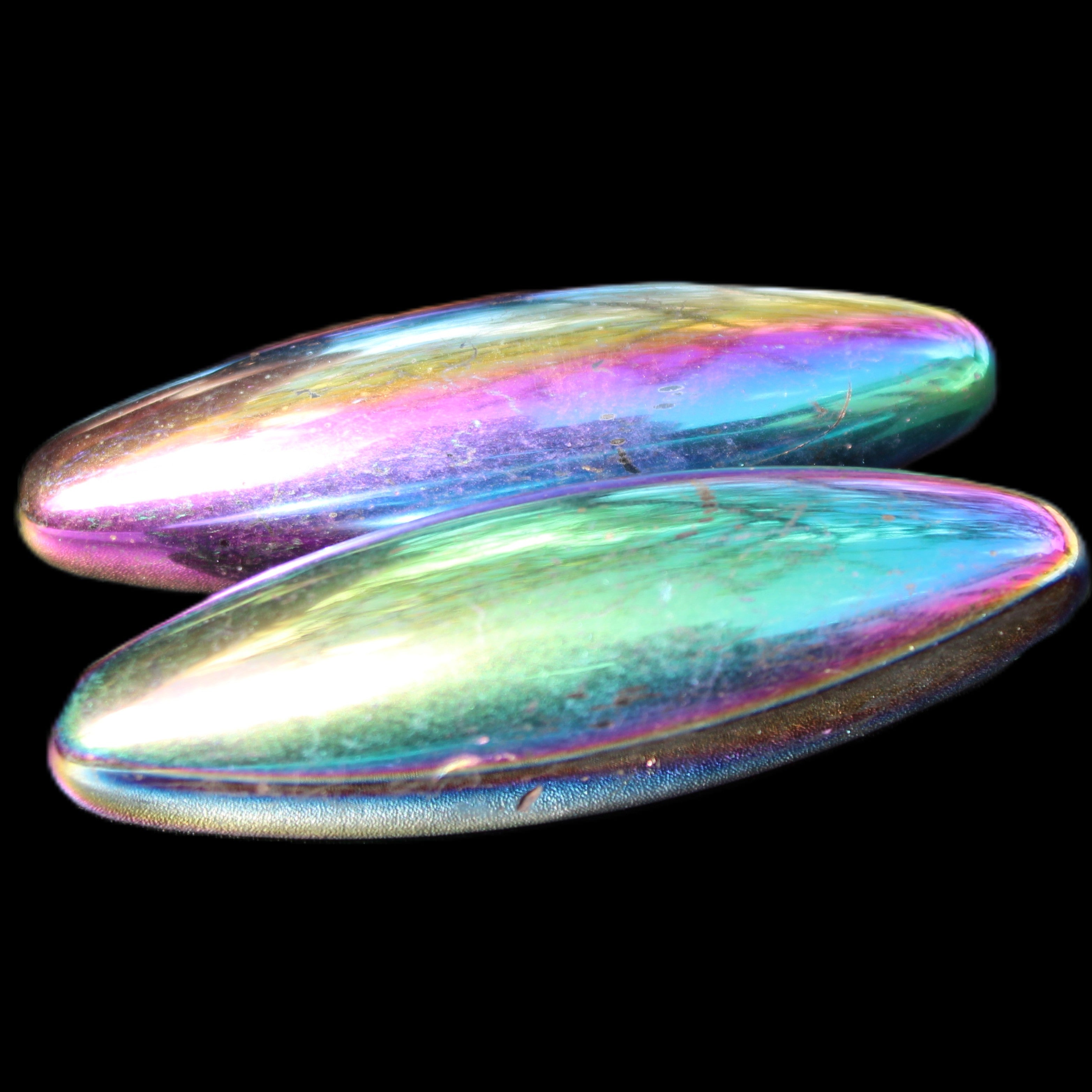 Magnetic Rainbow Hematite Buzz stones pair 56-60mm 93-107g in sunlight - Rocks and Things Store