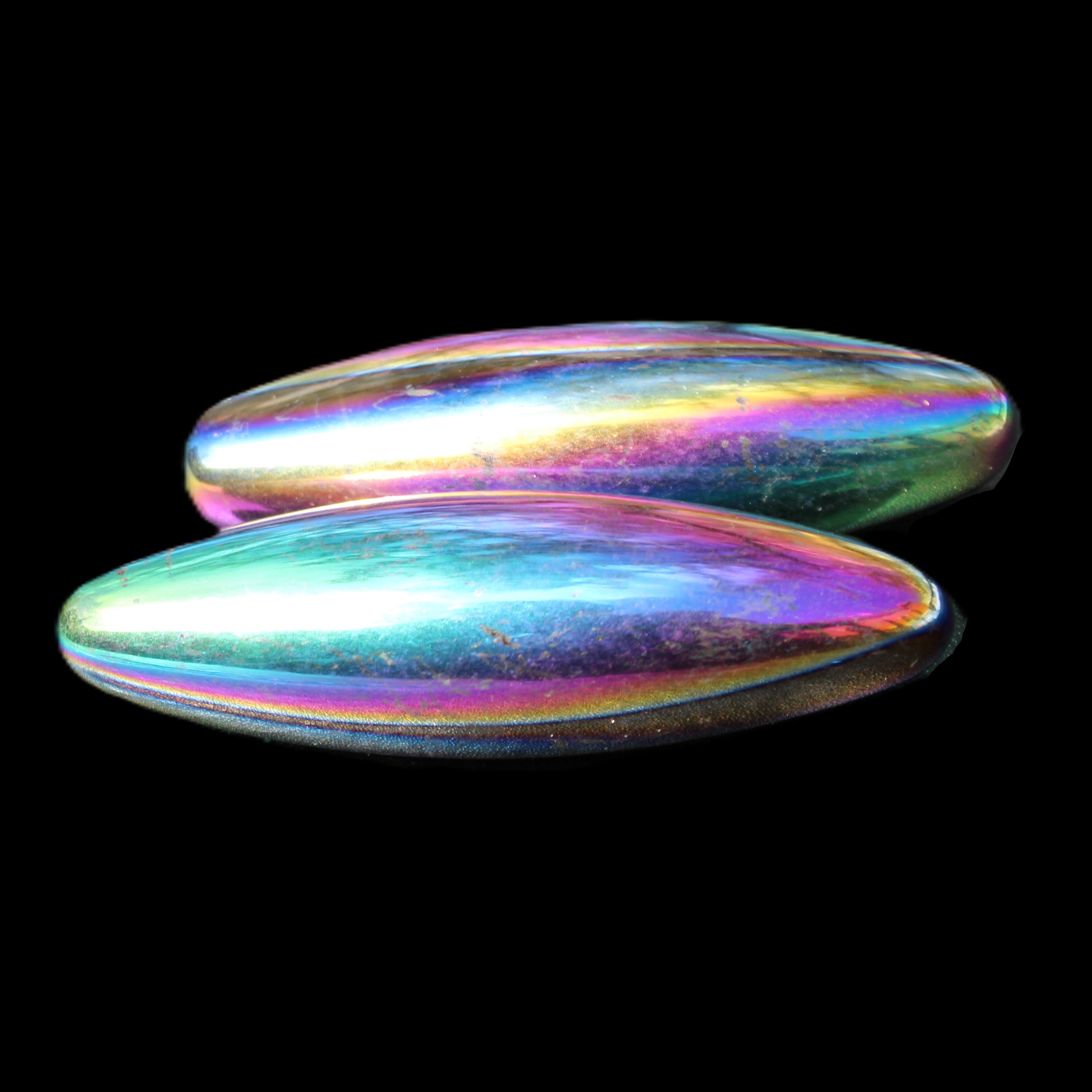 Magnetic Rainbow Hematite Buzz stones pair 56-60mm 93-107g in sunlight - Rocks and Things Store