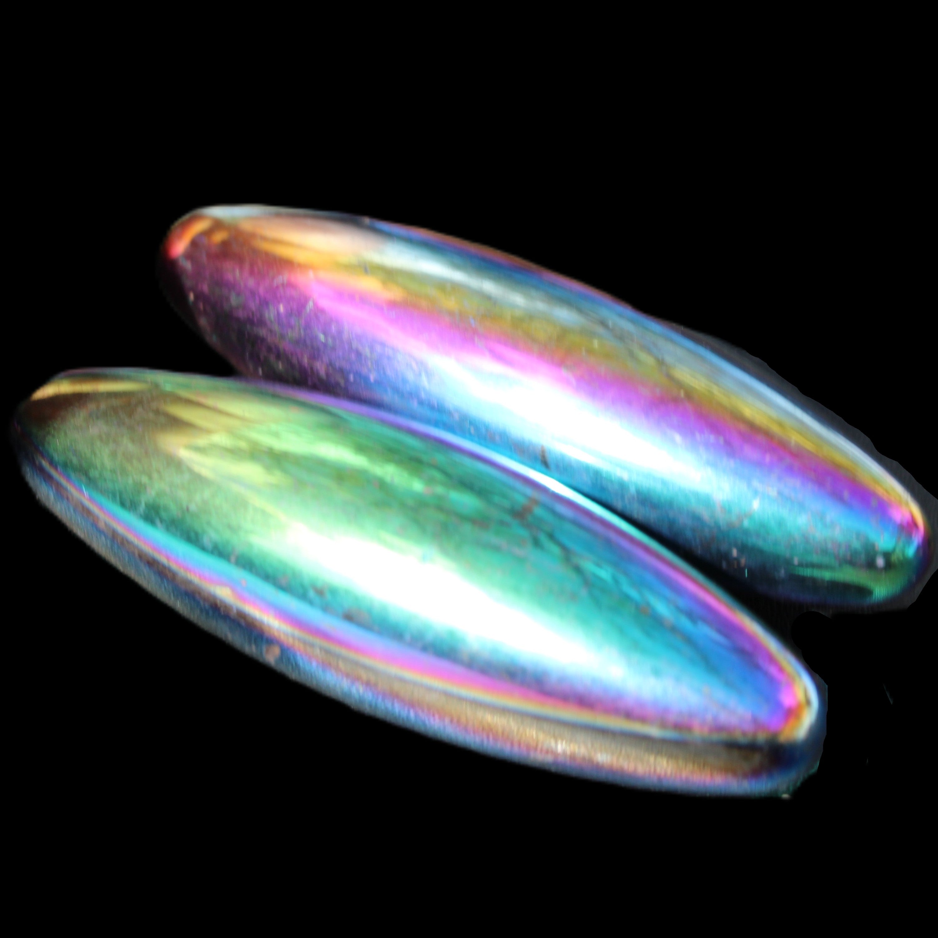 Magnetic Rainbow Hematite Buzz stones pair 56-60mm 93-107g in sunlight - Rocks and Things Store