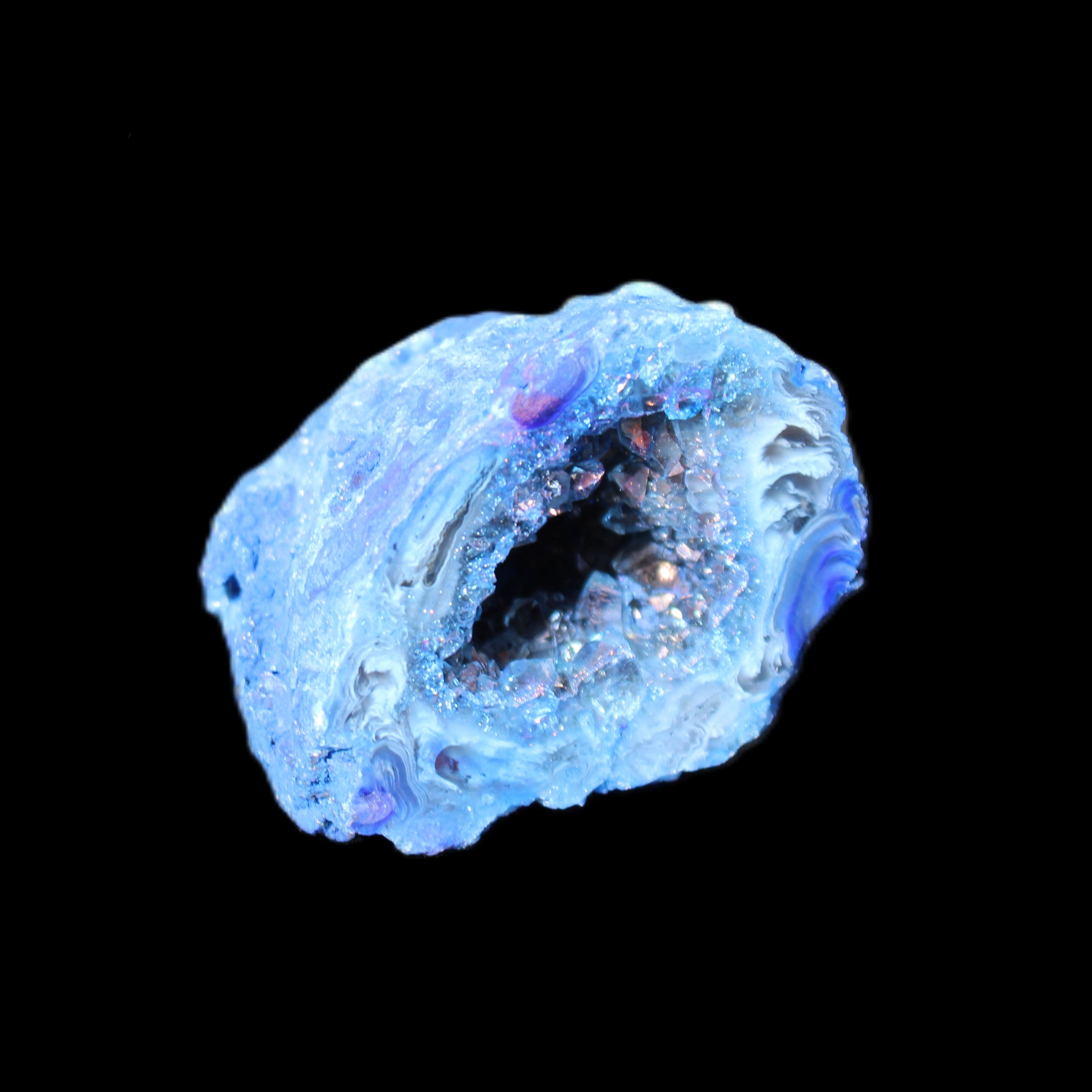 Blue Electroplated Agate Quartz geode range 40-67mm 30-63g in sunlight - Rocks and Things Store