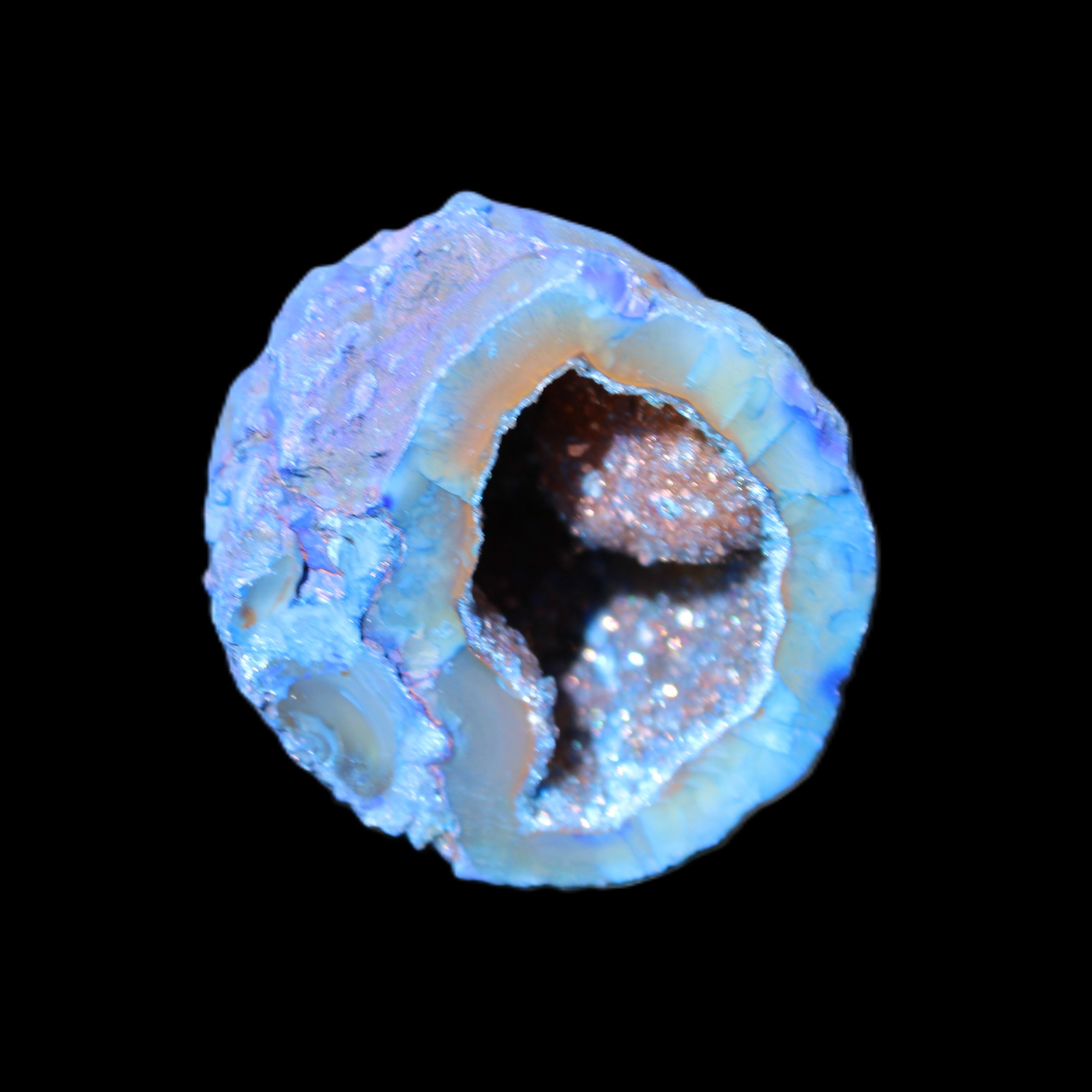 Blue Electroplated Agate Quartz geode range 40-67mm 30-63g in sunlight - Rocks and Things Store