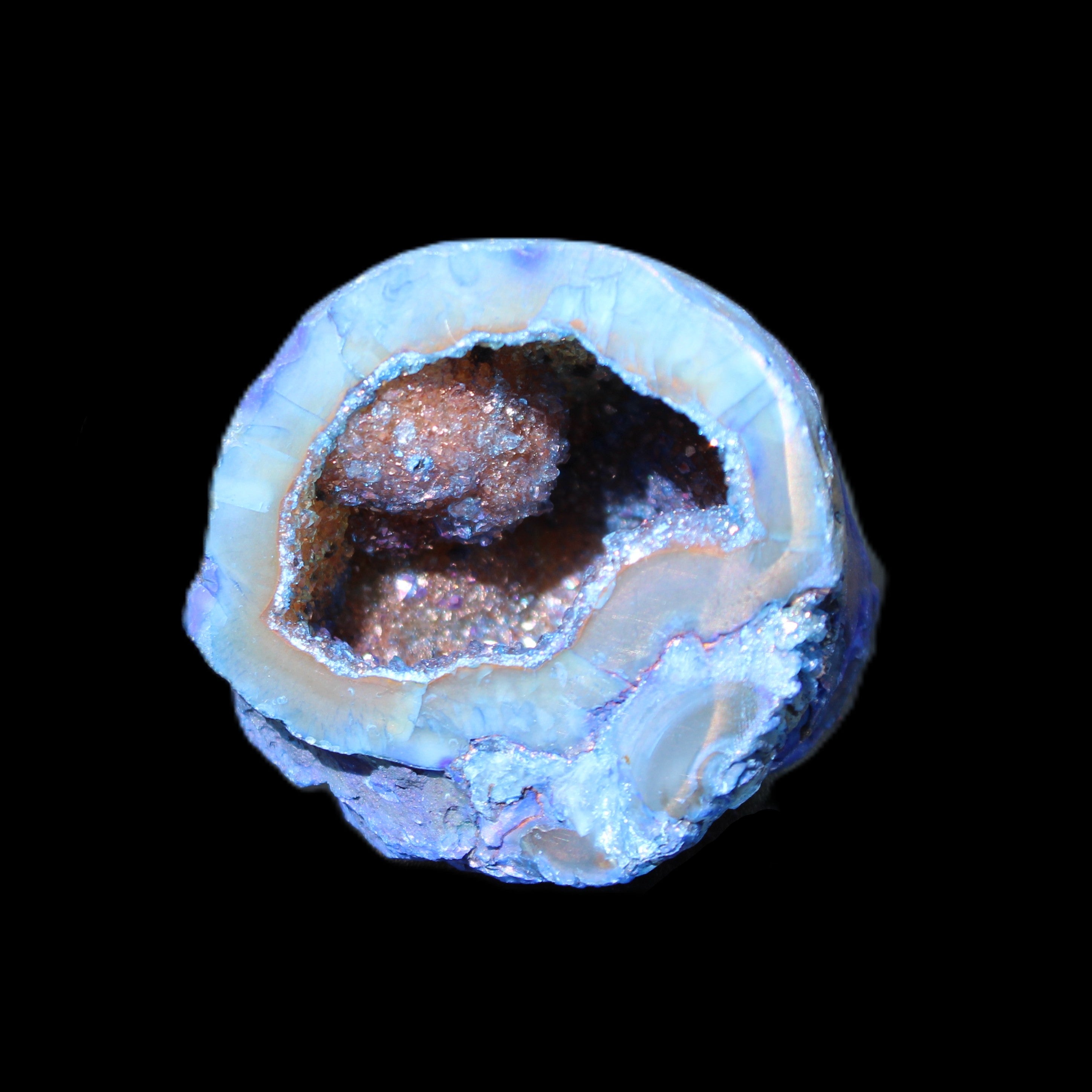 Blue Electroplated Agate Quartz geode range 40-67mm 30-63g in sunlight - Rocks and Things Store