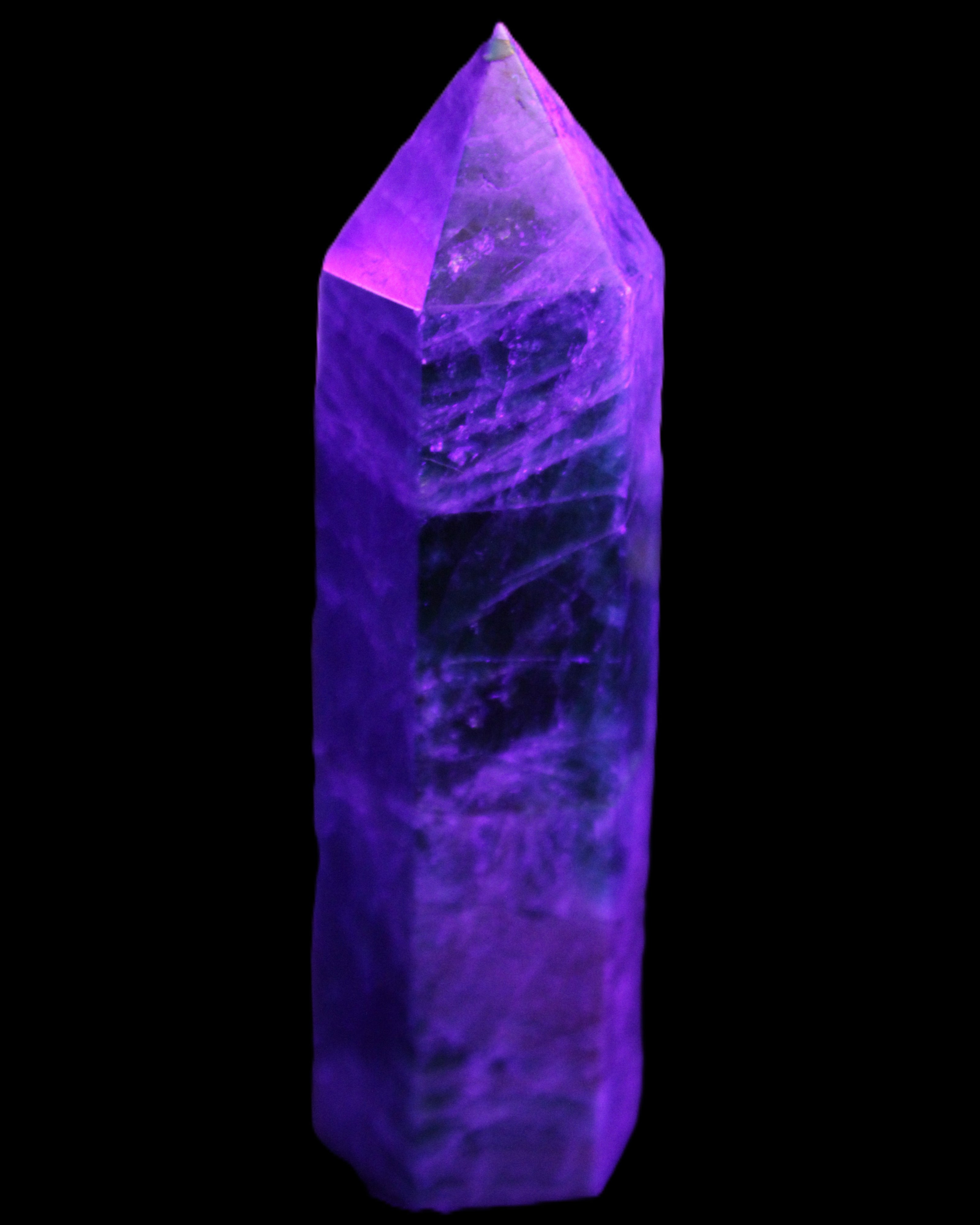 Blue Apatite wand 78mm 78g in UV light - Rocks and Things Store