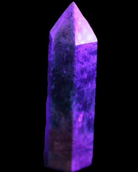 Blue Apatite wand 78mm 78g in UV light - Rocks and Things Store