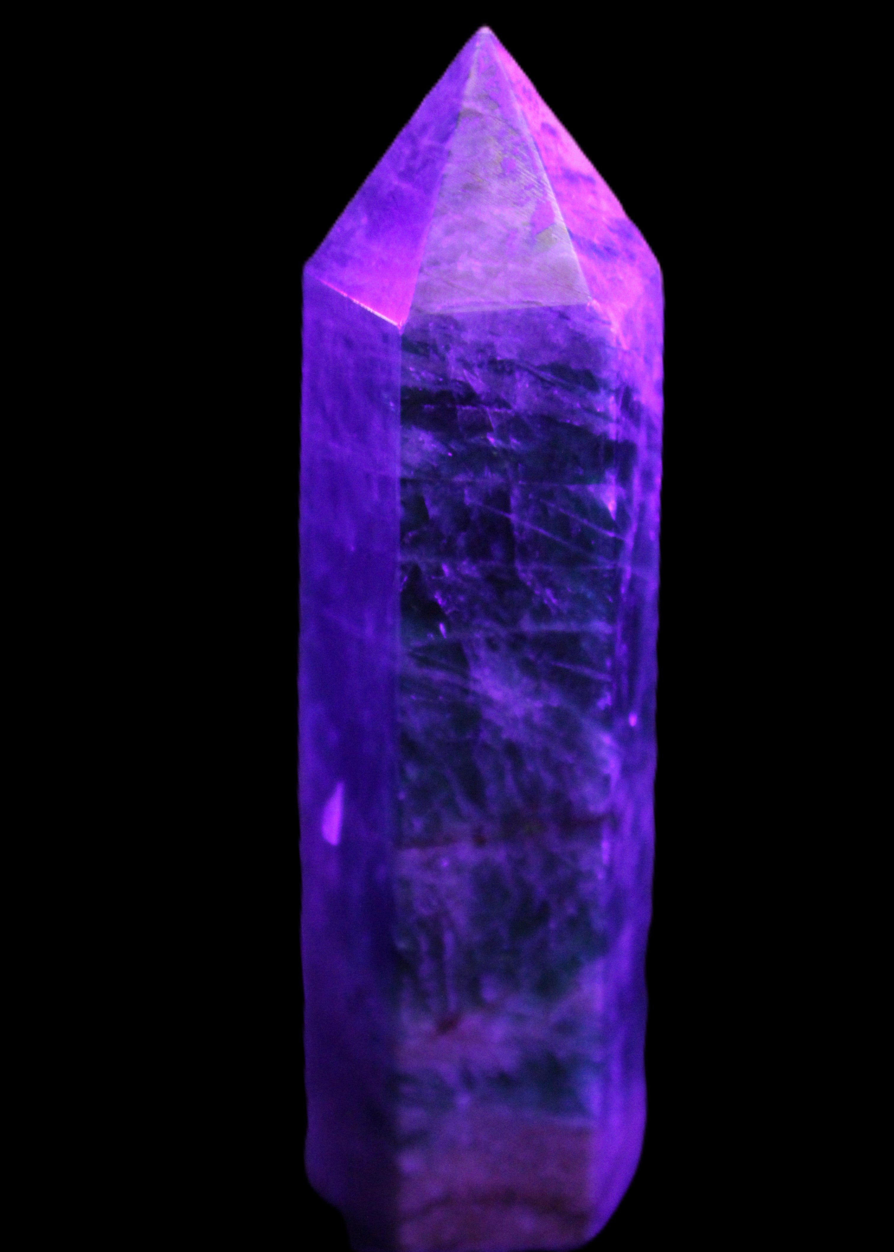 Blue Apatite wand 78mm 78g in UV light - Rocks and Things Store