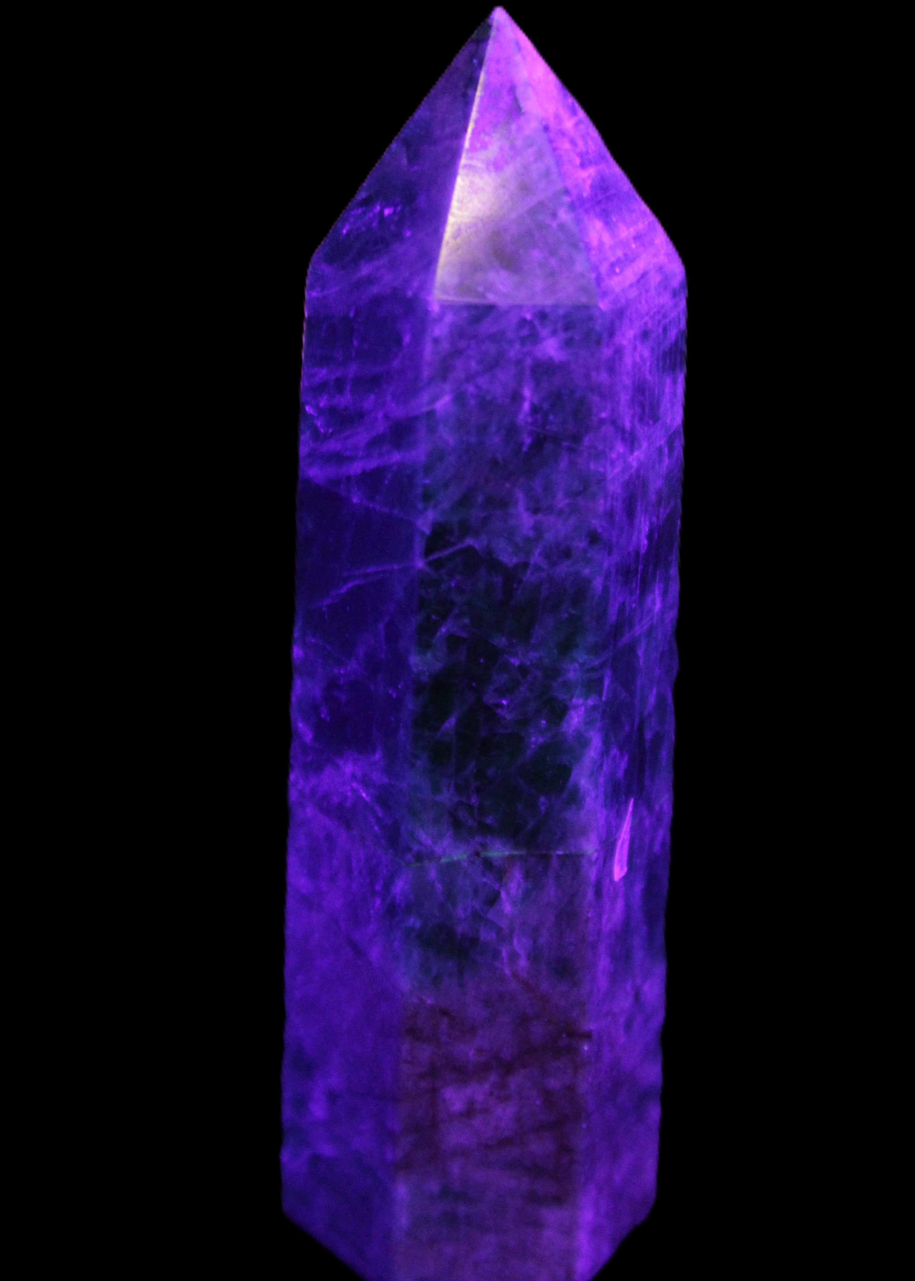 Blue Apatite wand 78mm 78g in UV light - Rocks and Things Store