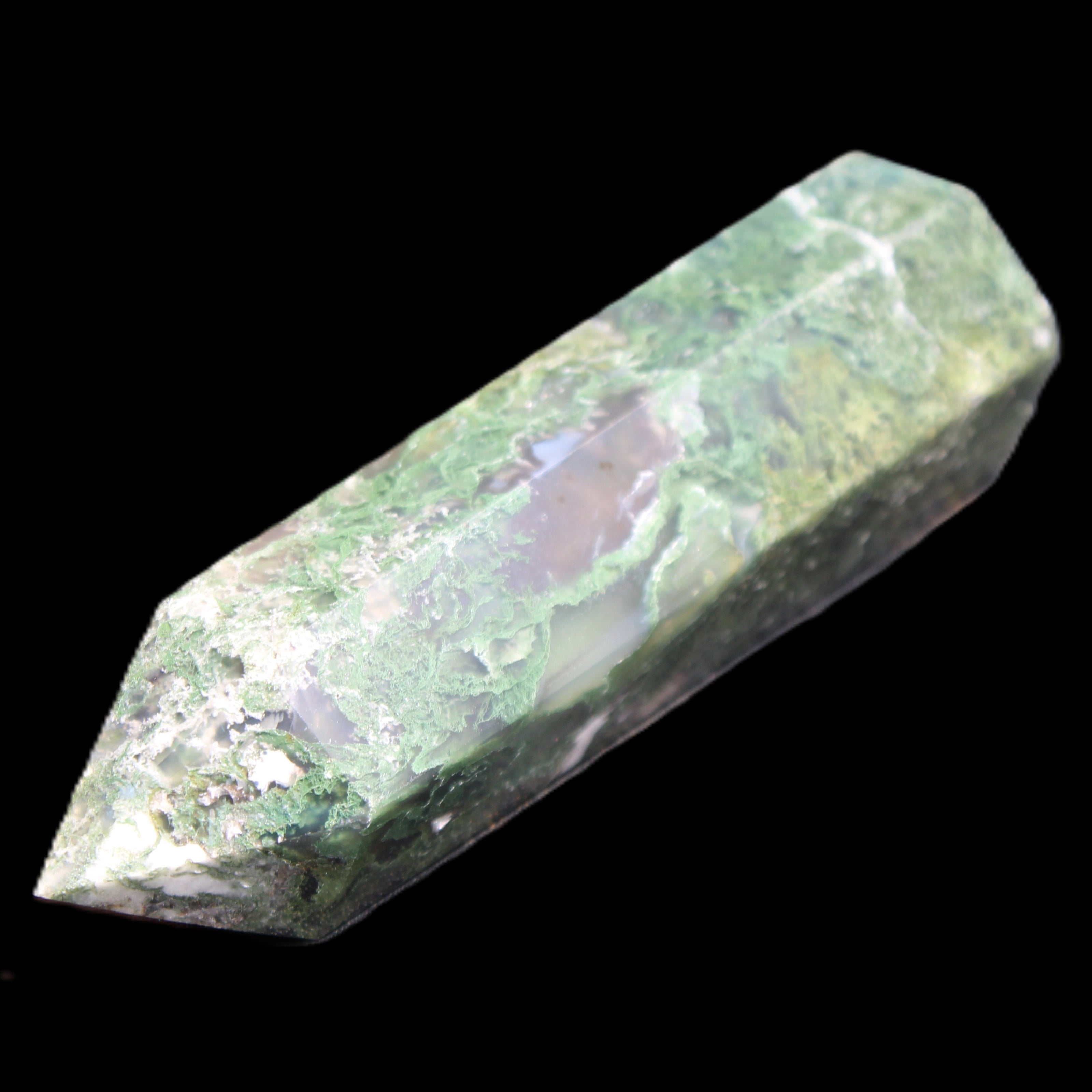 Moss Agate wand 85mm 82g in sunlight - Rocks and Things Store