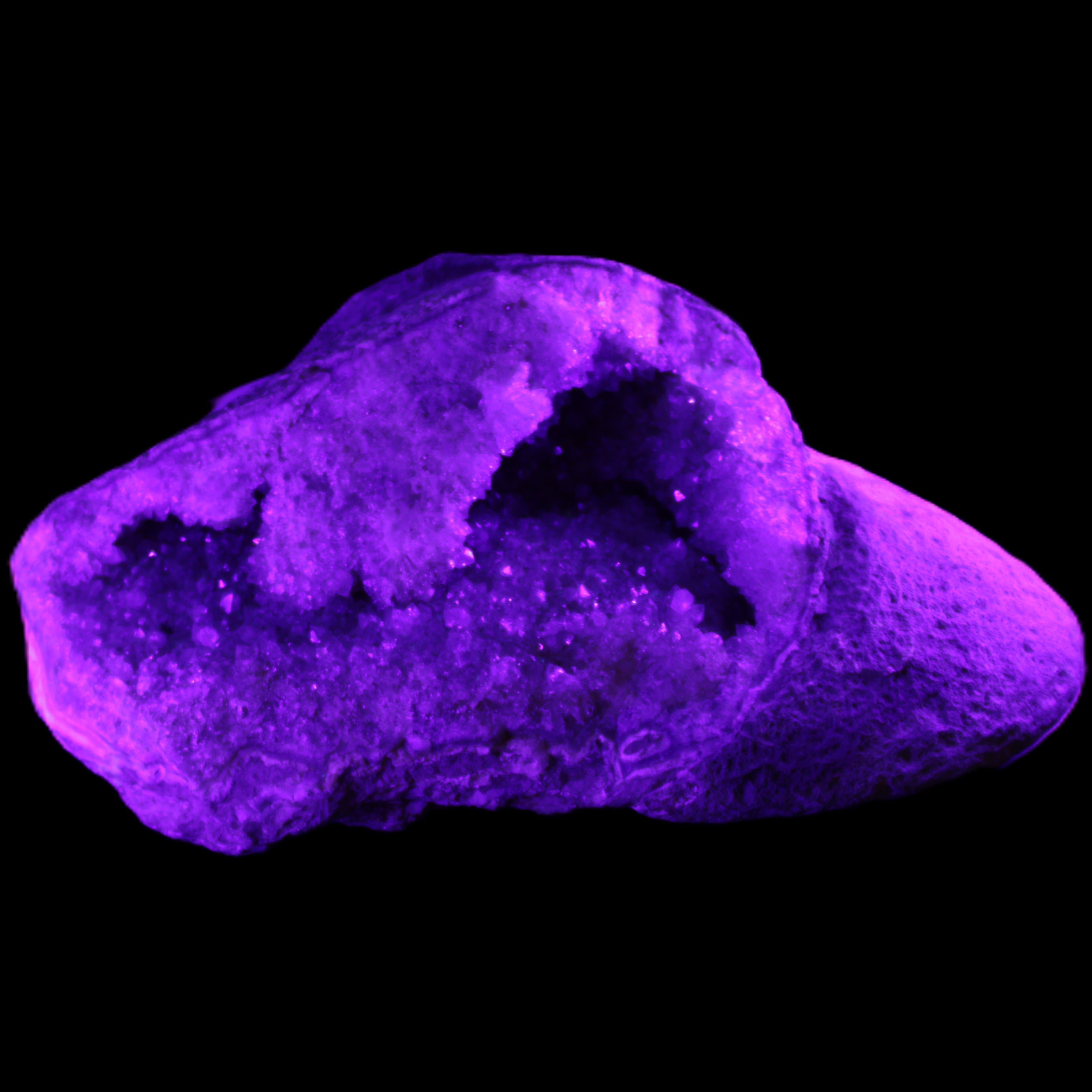 Pink and Violet Amethyst slipper geode 260*190*115mm 3500g in UV light - Rocks and Things Store
