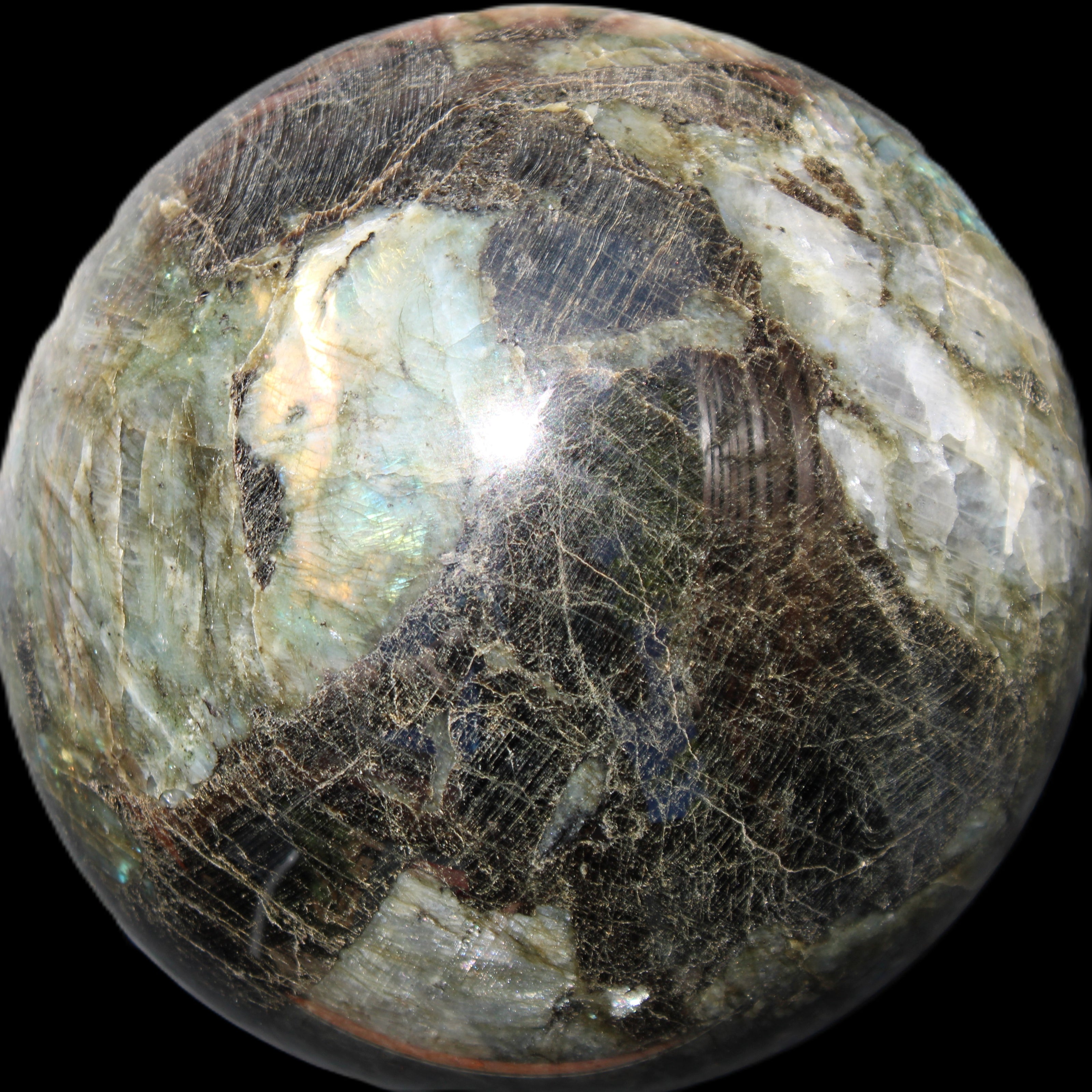 Huge Labradorite sphere 148mm 5320g in sunlight - Rocks and Things Store