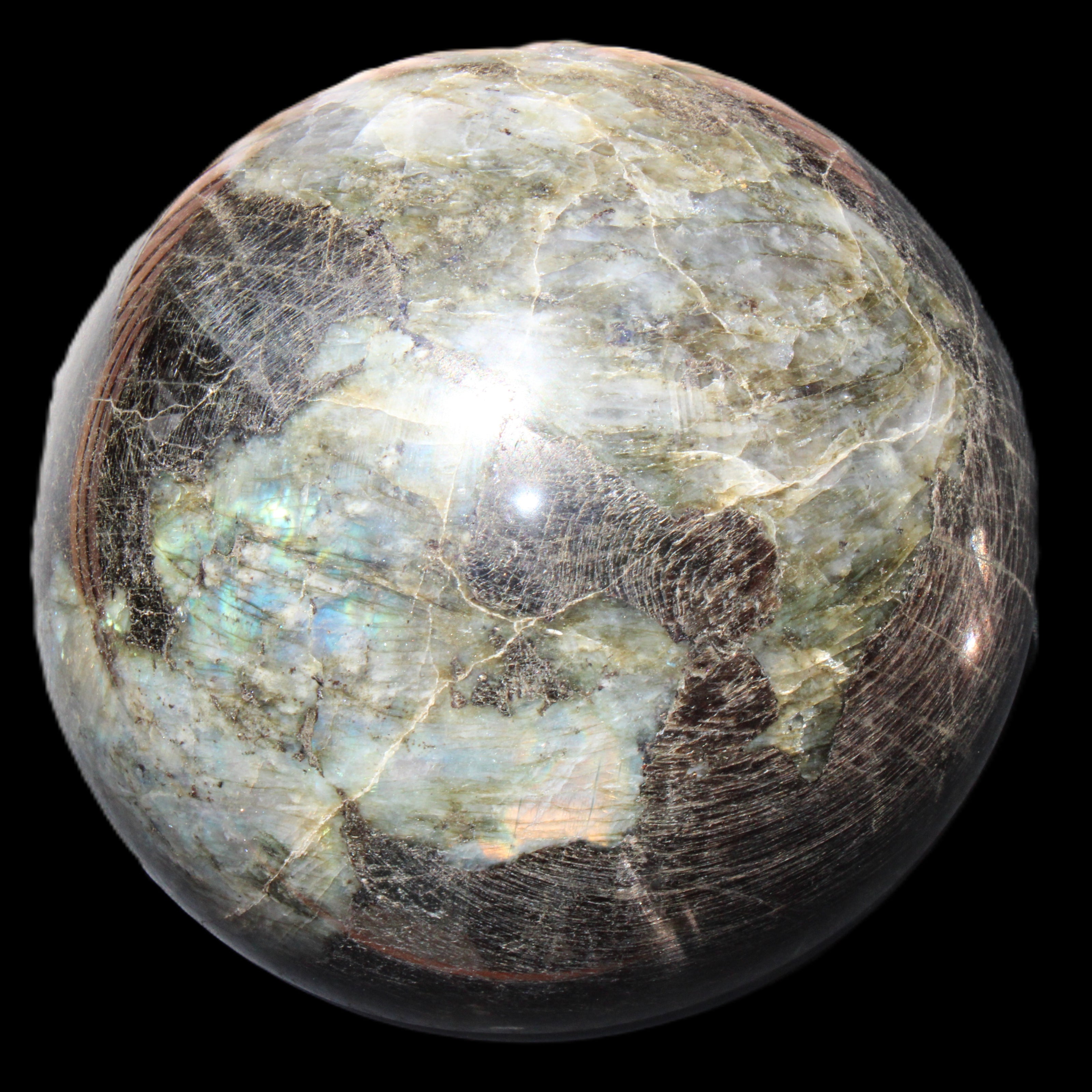 Huge Labradorite sphere 148mm 5320g in sunlight - Rocks and Things Store