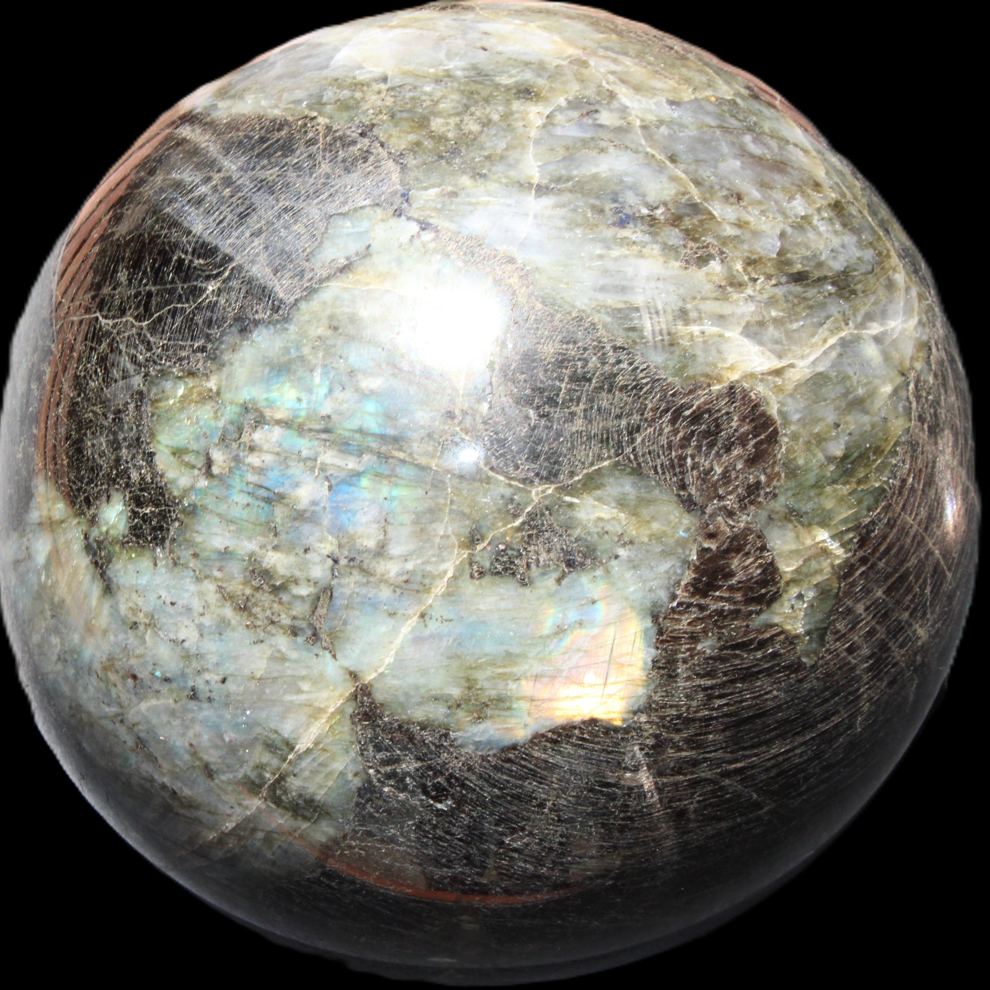 Huge Labradorite sphere 148mm 5320g in sunlight - Rocks and Things Store