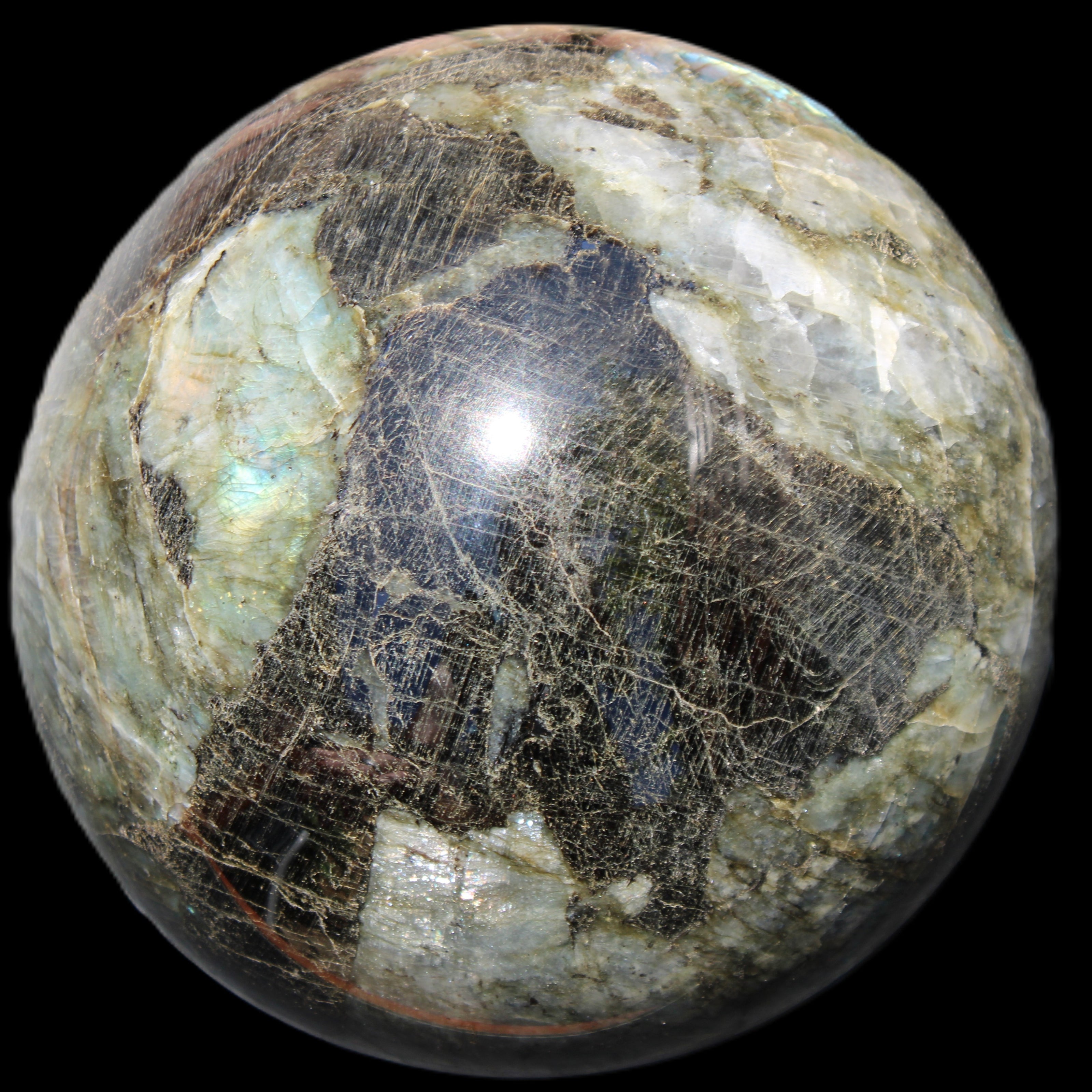 Huge Labradorite sphere 148mm 5320g in sunlight - Rocks and Things Store
