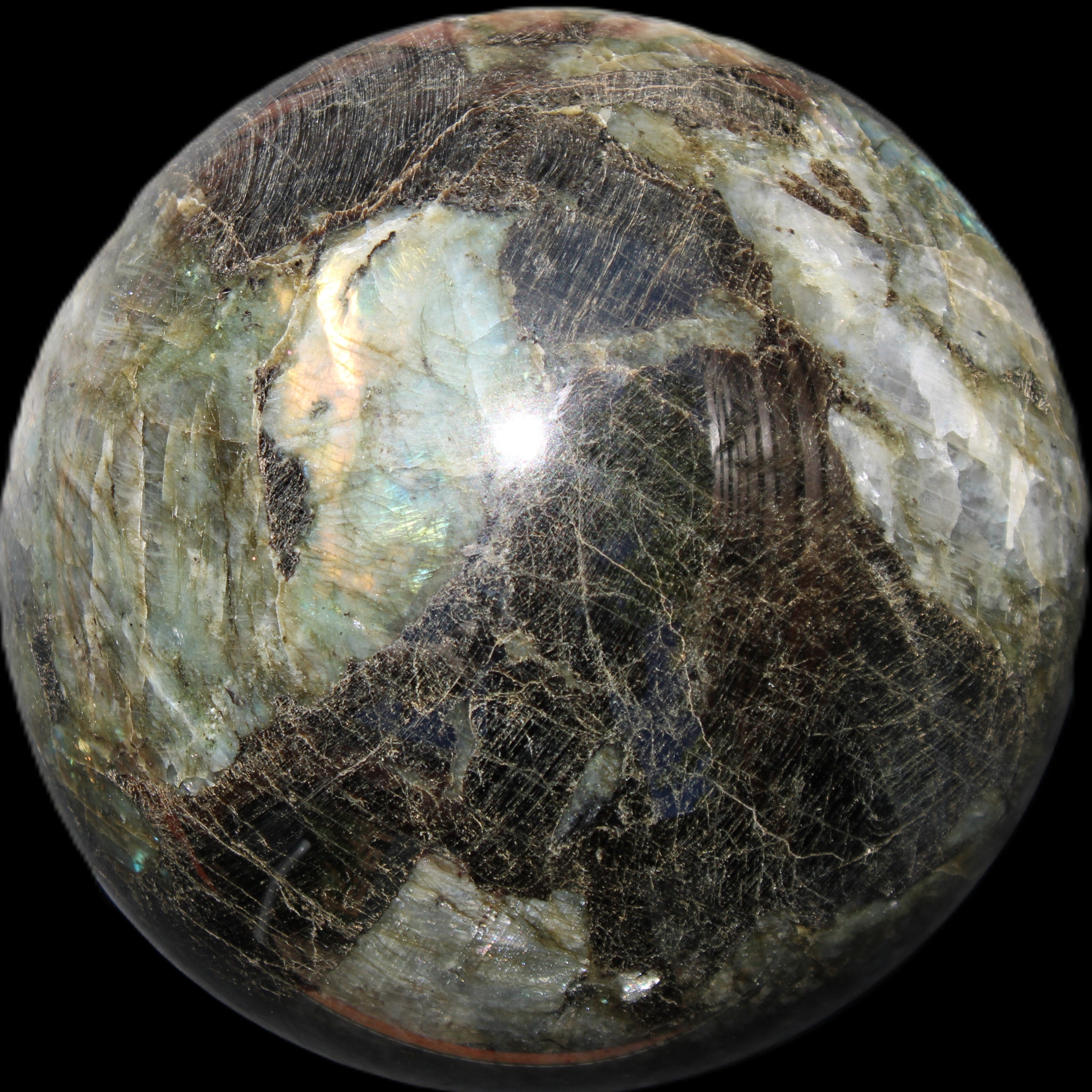 Huge Labradorite sphere 148mm 5320g in sunlight - Rocks and Things Store