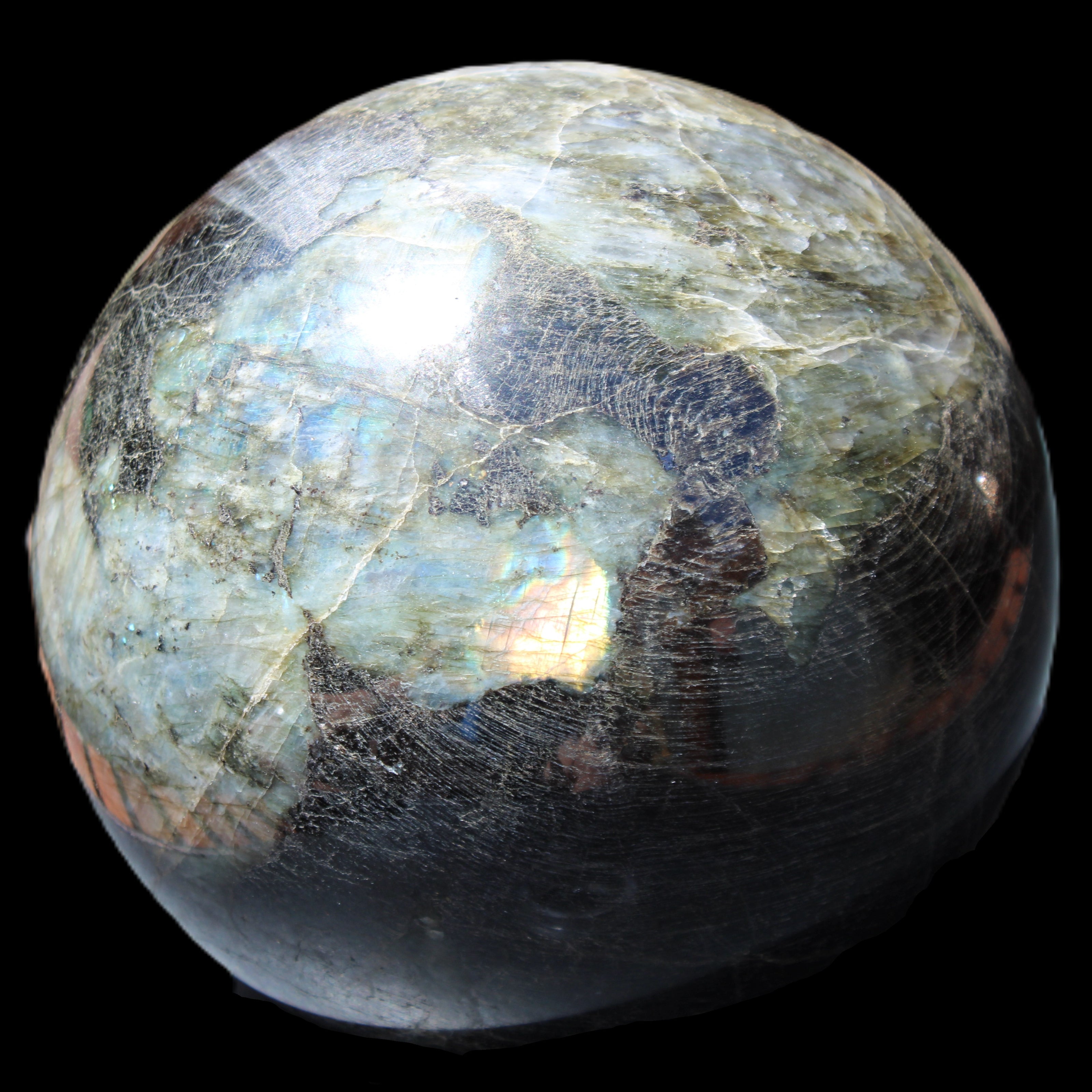 Huge Labradorite sphere 148mm 5320g in sunlight - Rocks and Things Store