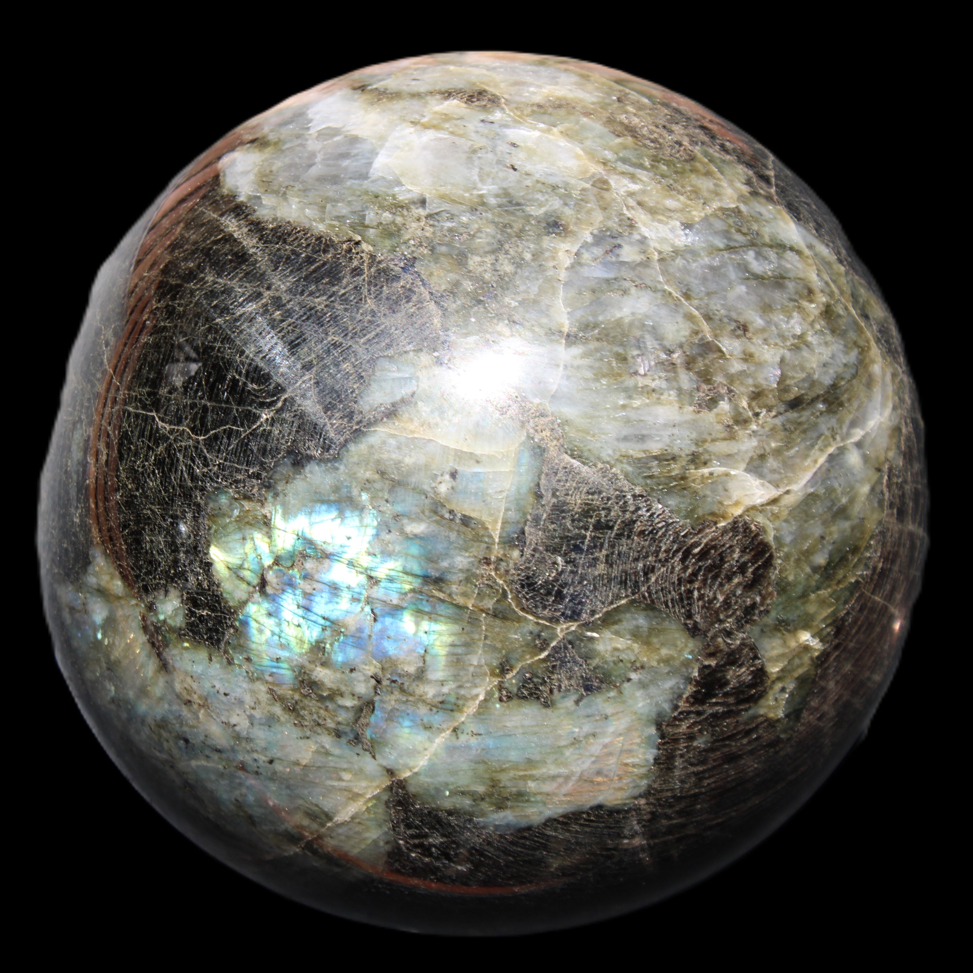 Huge Labradorite sphere 148mm 5320g in sunlight - Rocks and Things Store