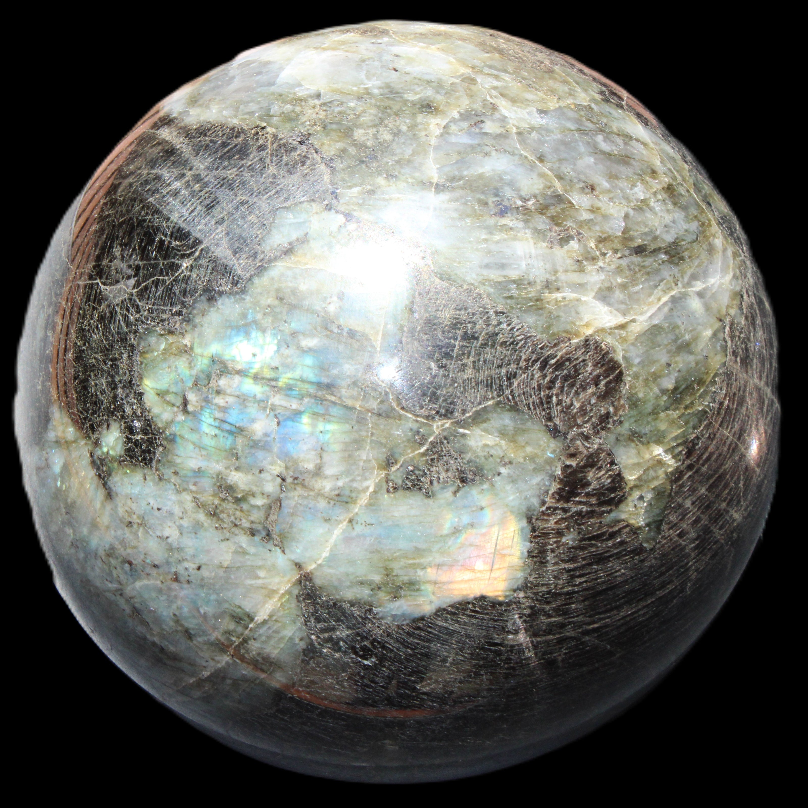 Huge Labradorite sphere 148mm 5320g in sunlight - Rocks and Things Store