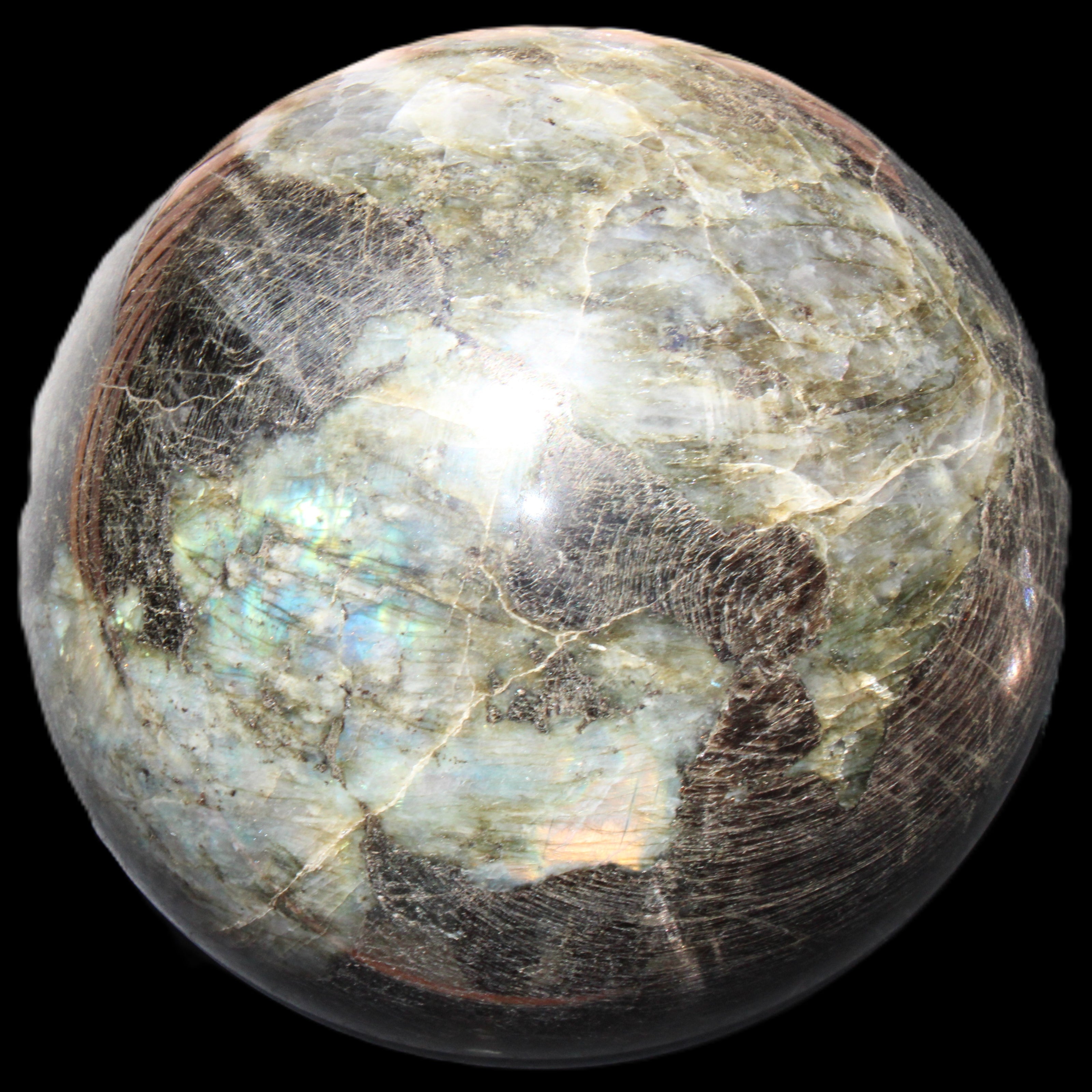 Huge Labradorite sphere 148mm 5320g in sunlight - Rocks and Things Store