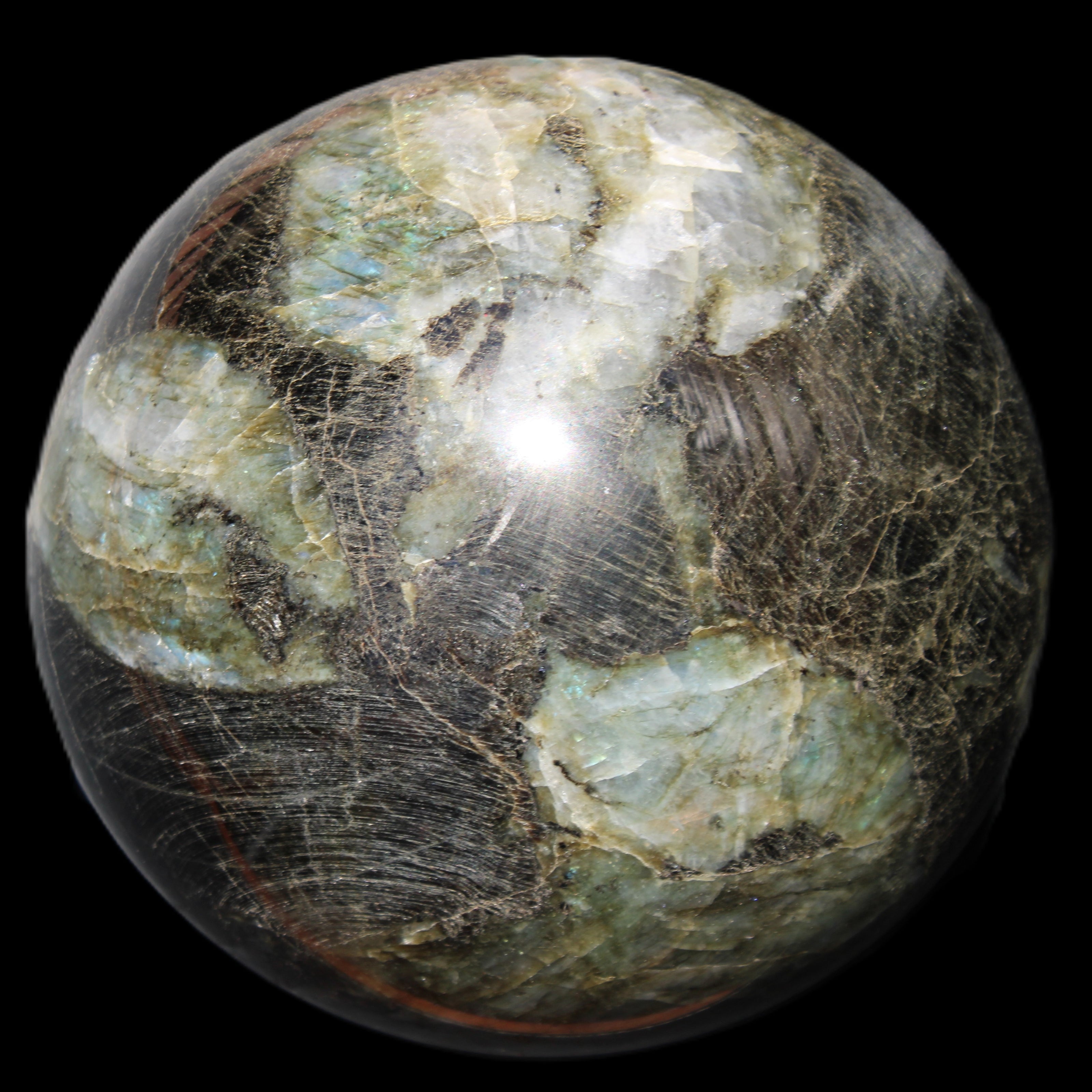 Huge Labradorite sphere 148mm 5320g in sunlight - Rocks and Things Store