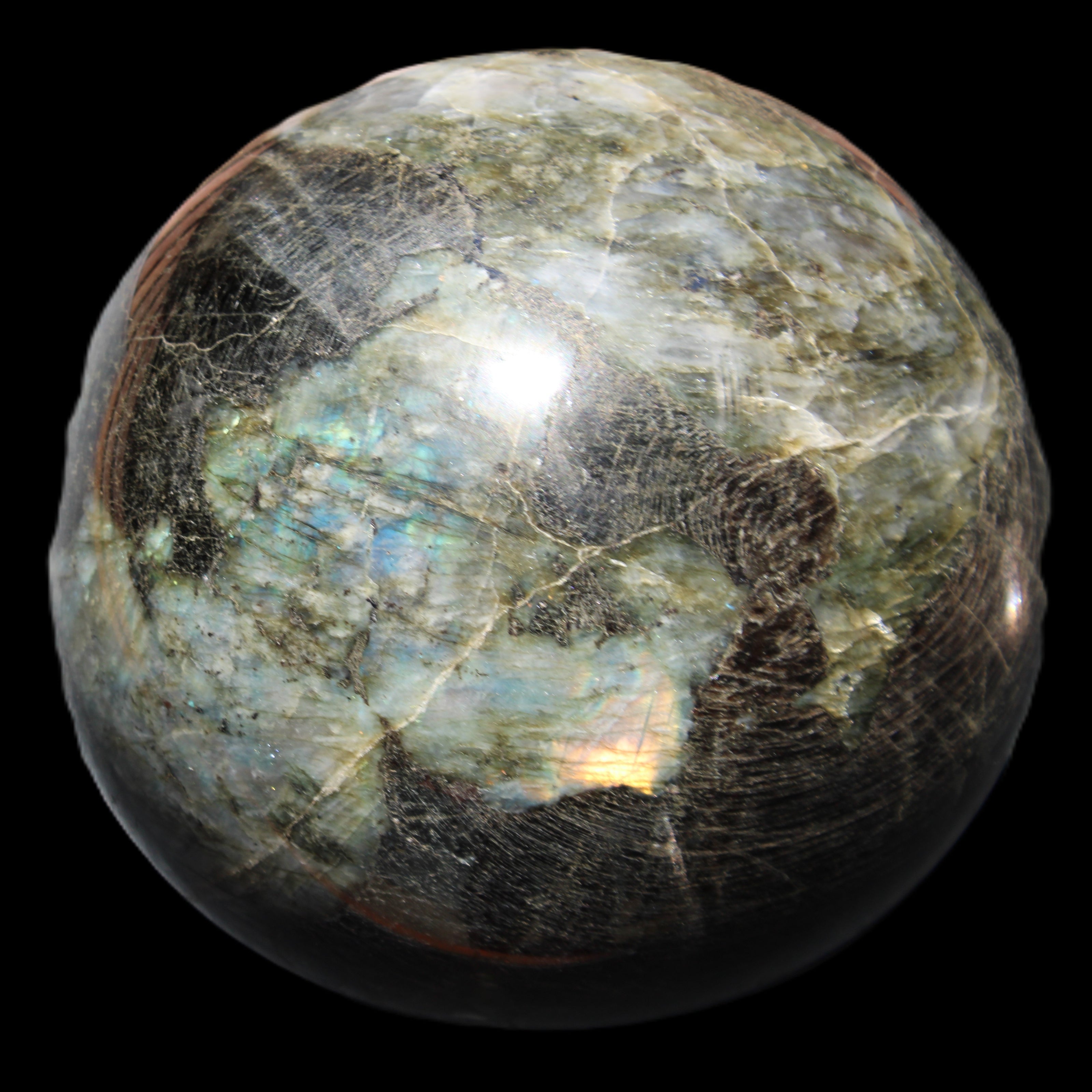 Huge Labradorite sphere 148mm 5320g in sunlight - Rocks and Things Store