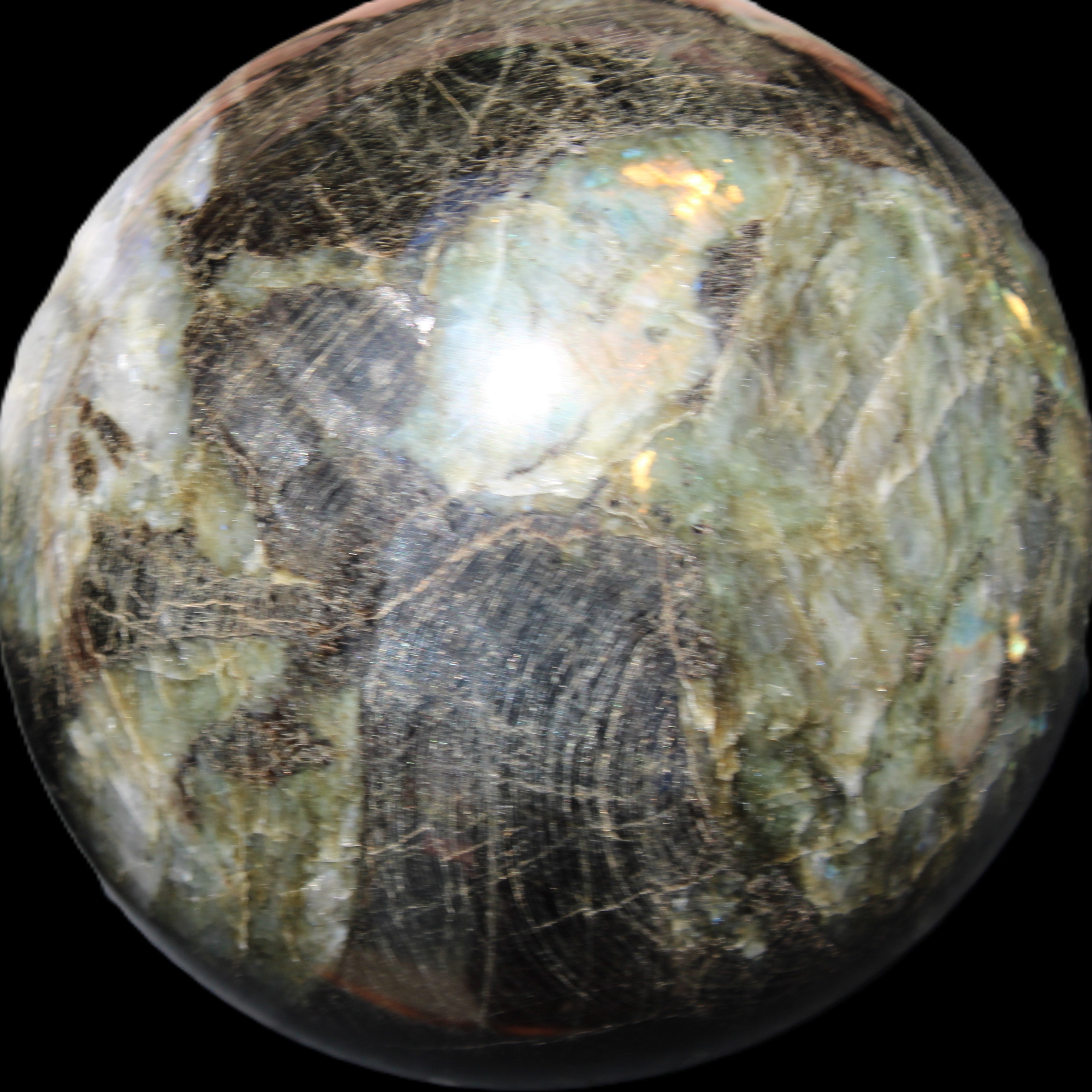 Huge Labradorite sphere 148mm 5320g in sunlight - Rocks and Things Store