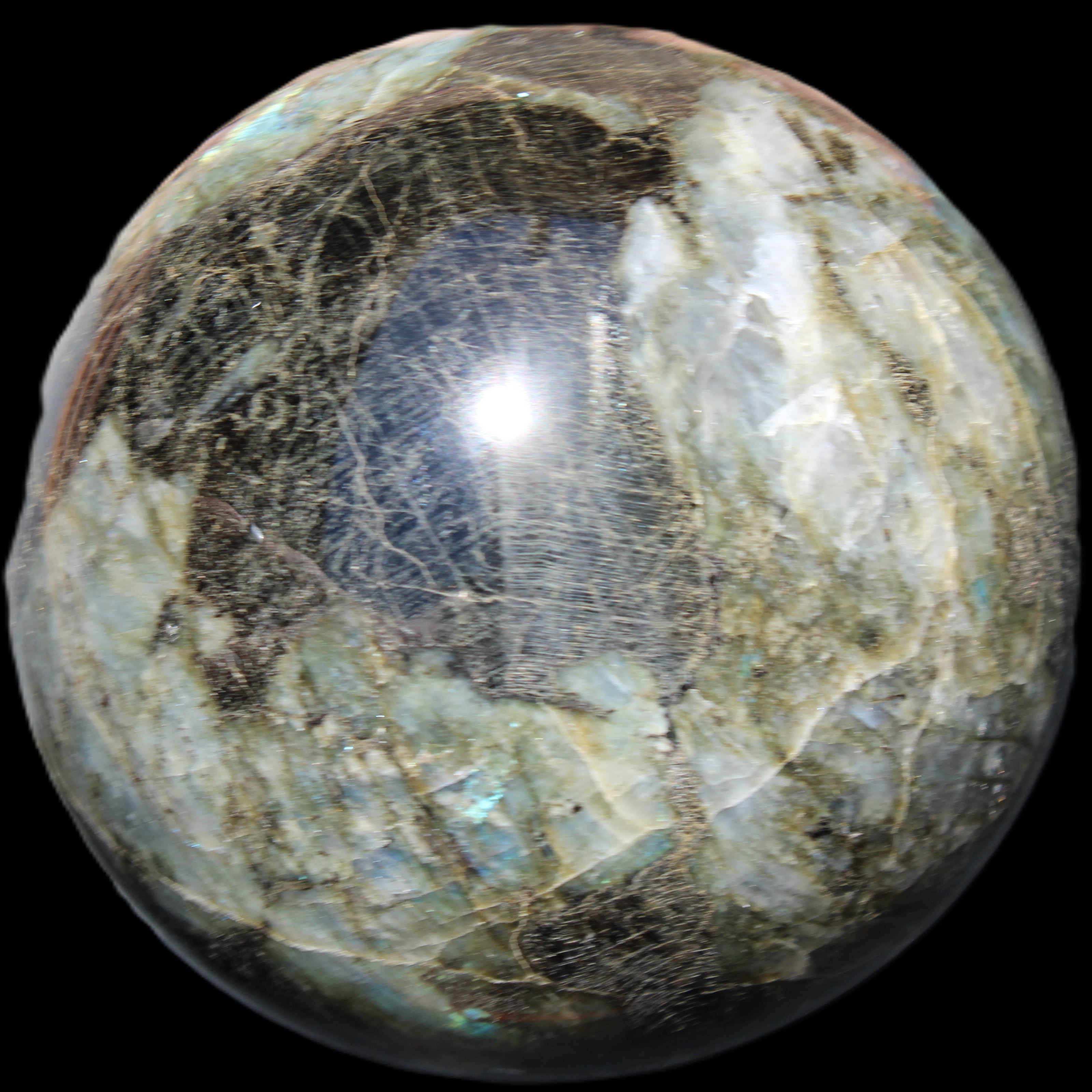 Huge Labradorite sphere 148mm 5320g in sunlight - Rocks and Things Store