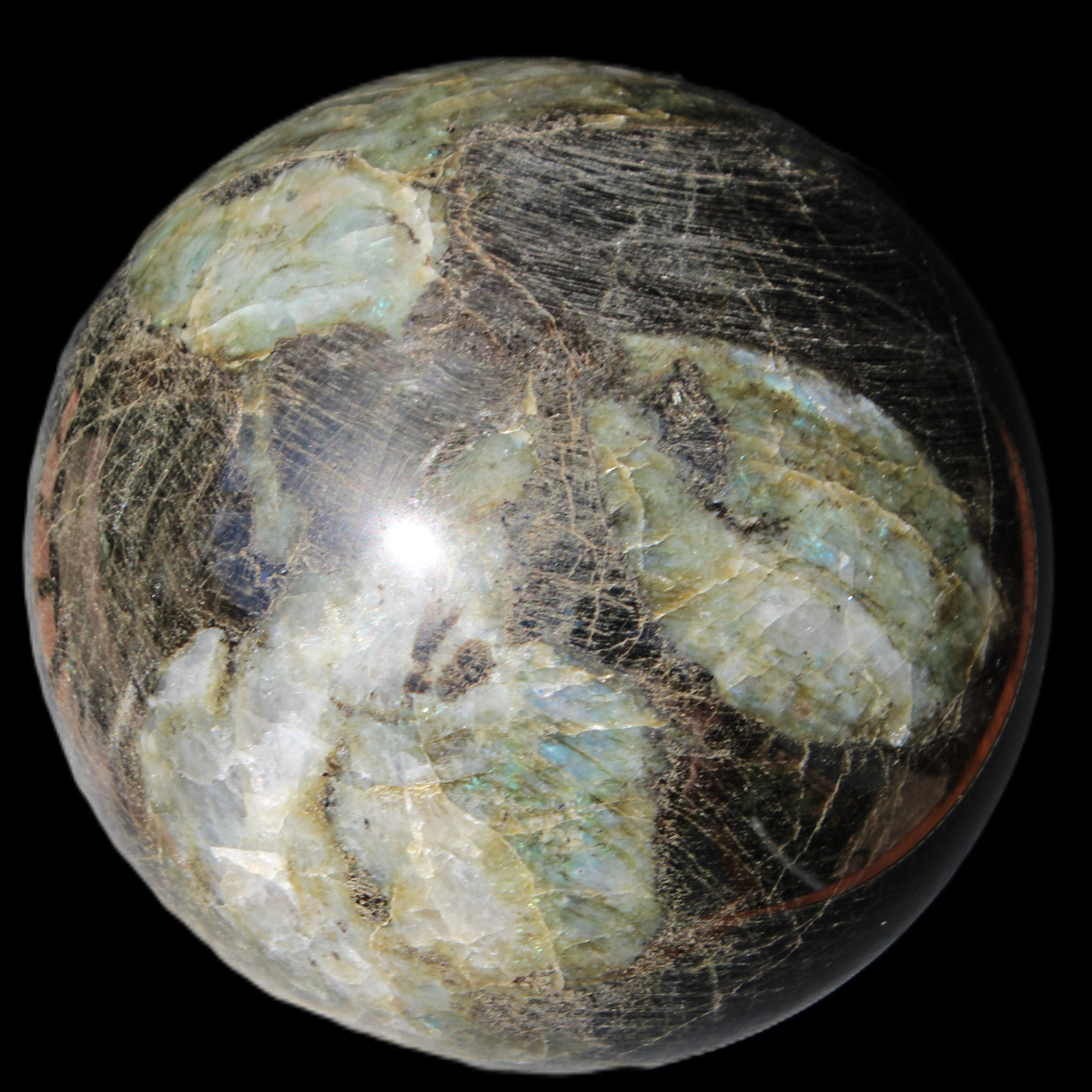 Huge Labradorite sphere 148mm 5320g in sunlight - Rocks and Things Store