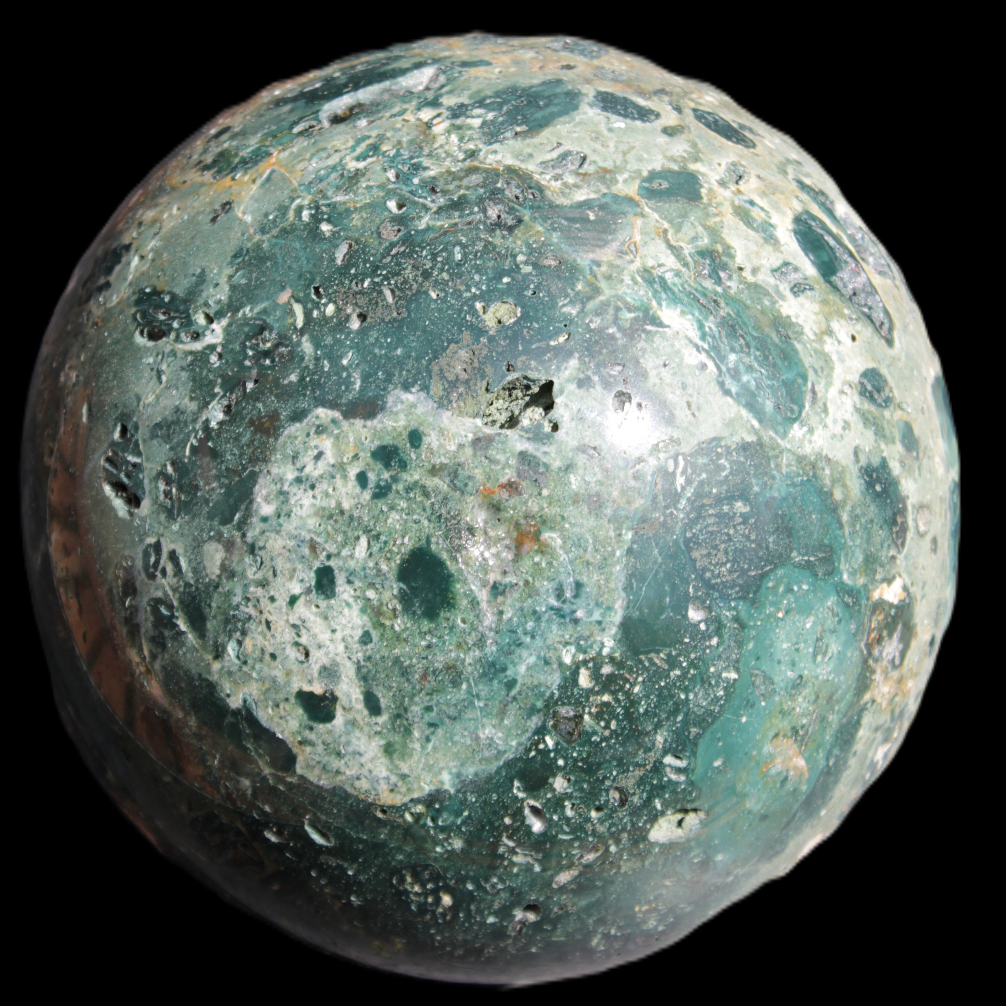 Large Ocean Jasper sphere 129mm 2900g in sunlight - Rocks and Things Store