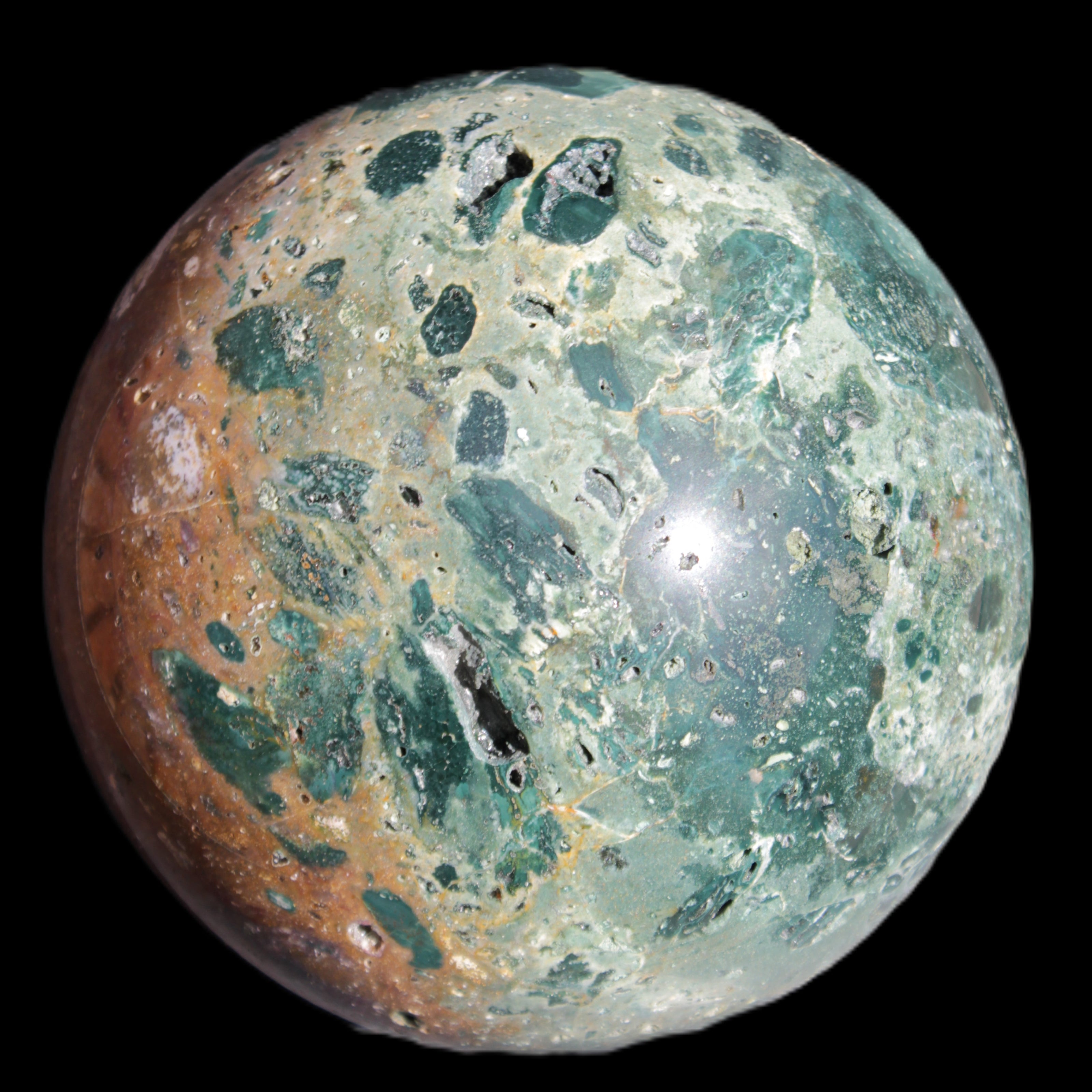 Large Ocean Jasper sphere 129mm 2900g in sunlight - Rocks and Things Store