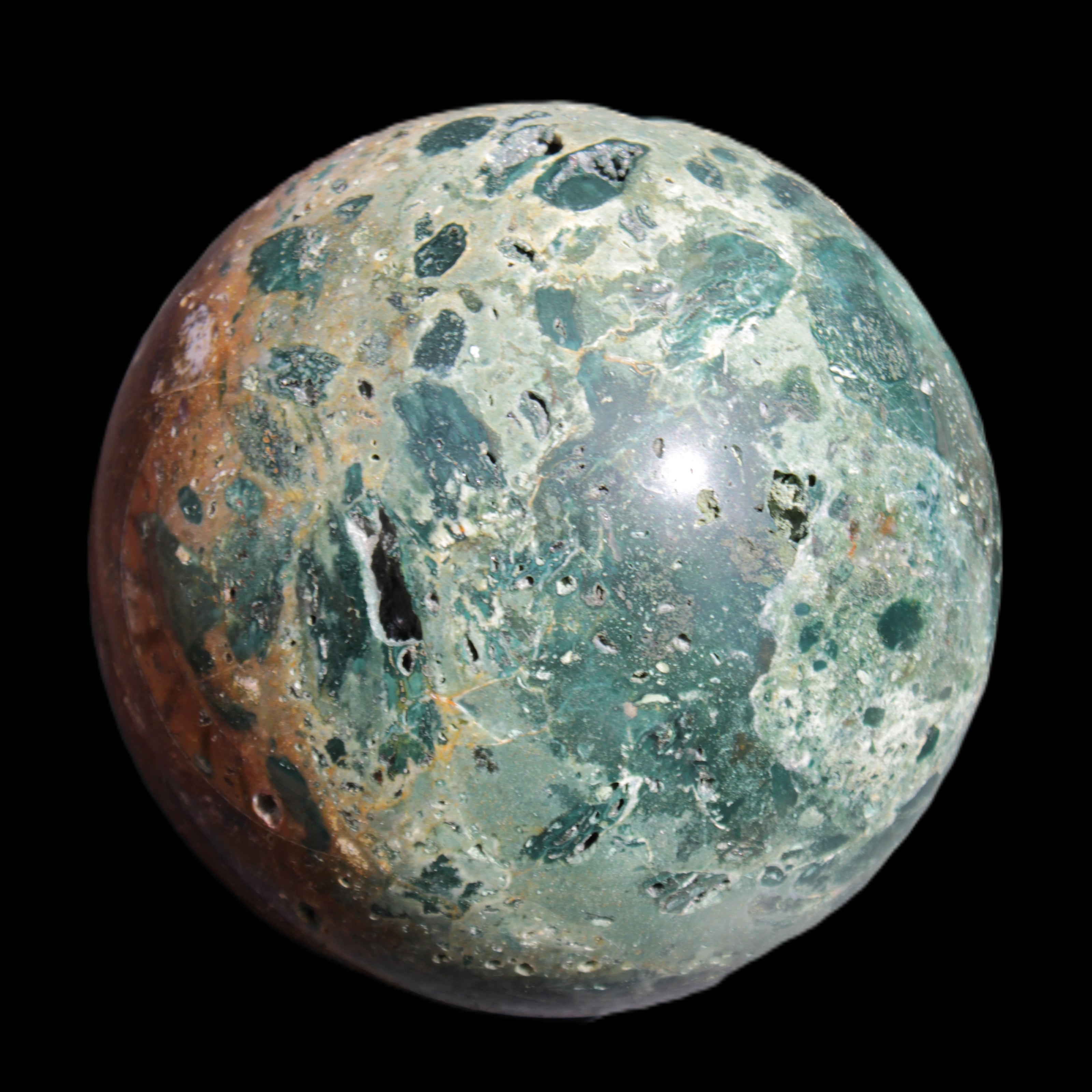 Large Ocean Jasper sphere 129mm 2900g in sunlight - Rocks and Things Store