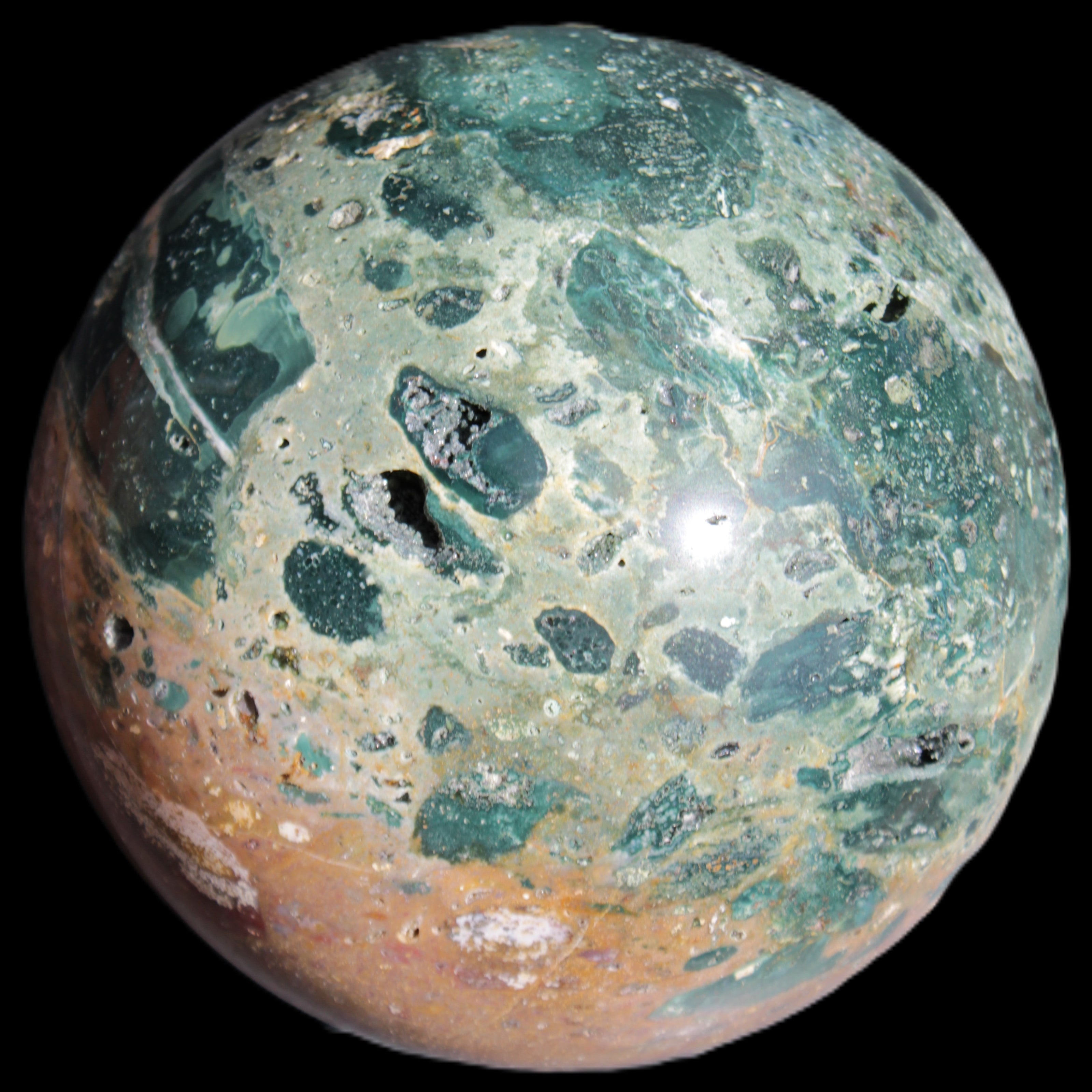 Large Ocean Jasper sphere 129mm 2900g in sunlight - Rocks and Things Store