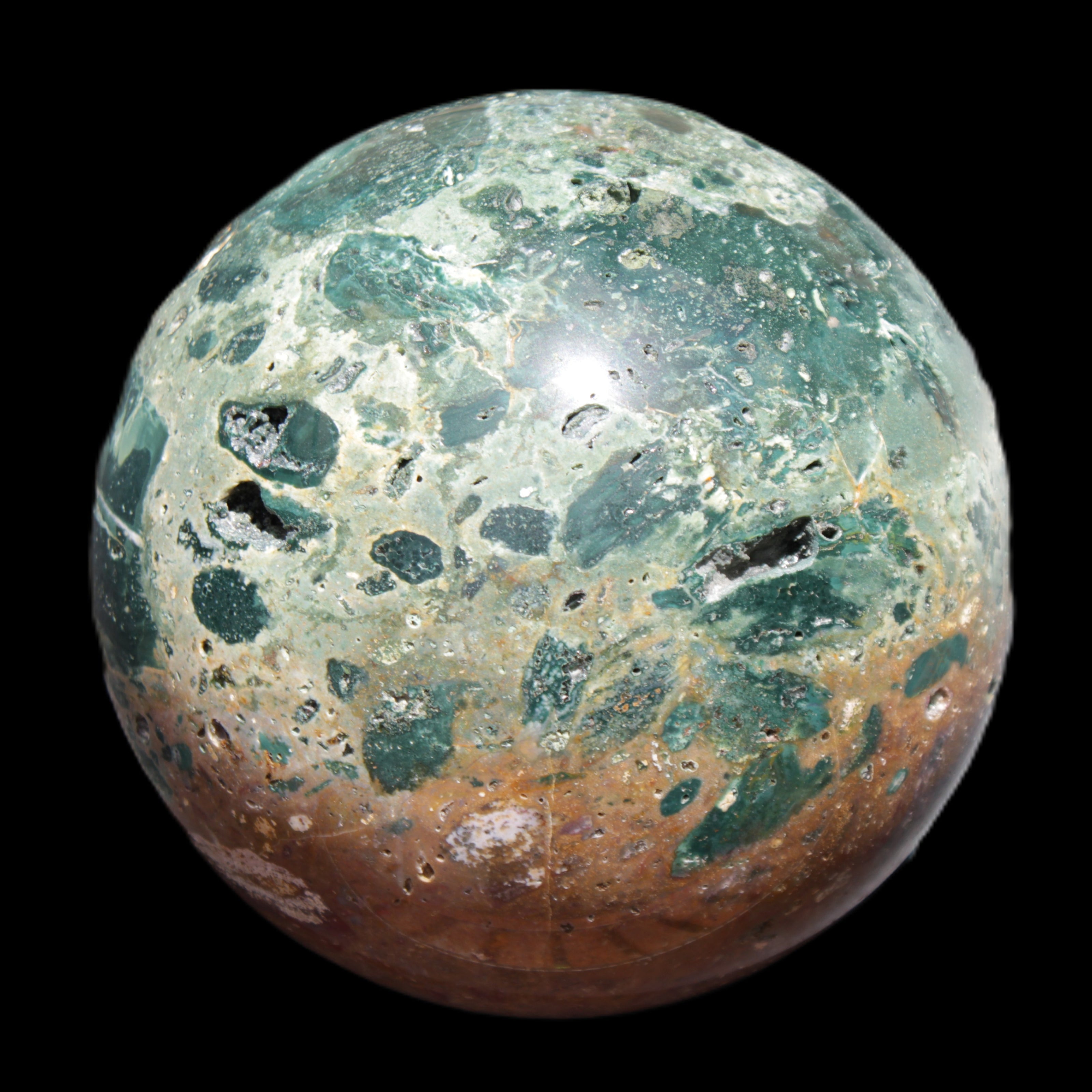 Large Ocean Jasper sphere 129mm 2900g in sunlight - Rocks and Things Store