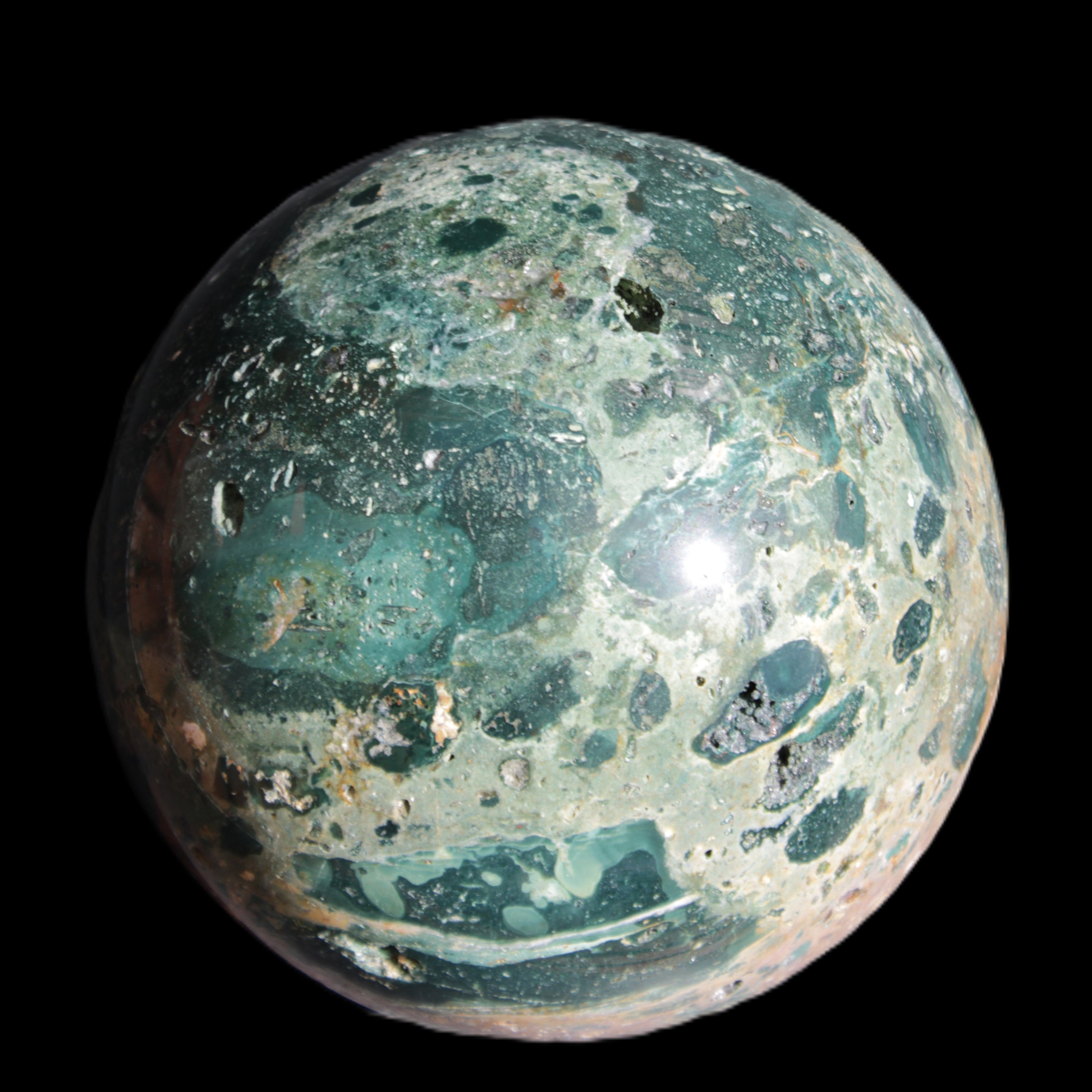 Large Ocean Jasper sphere 129mm 2900g in sunlight - Rocks and Things Store