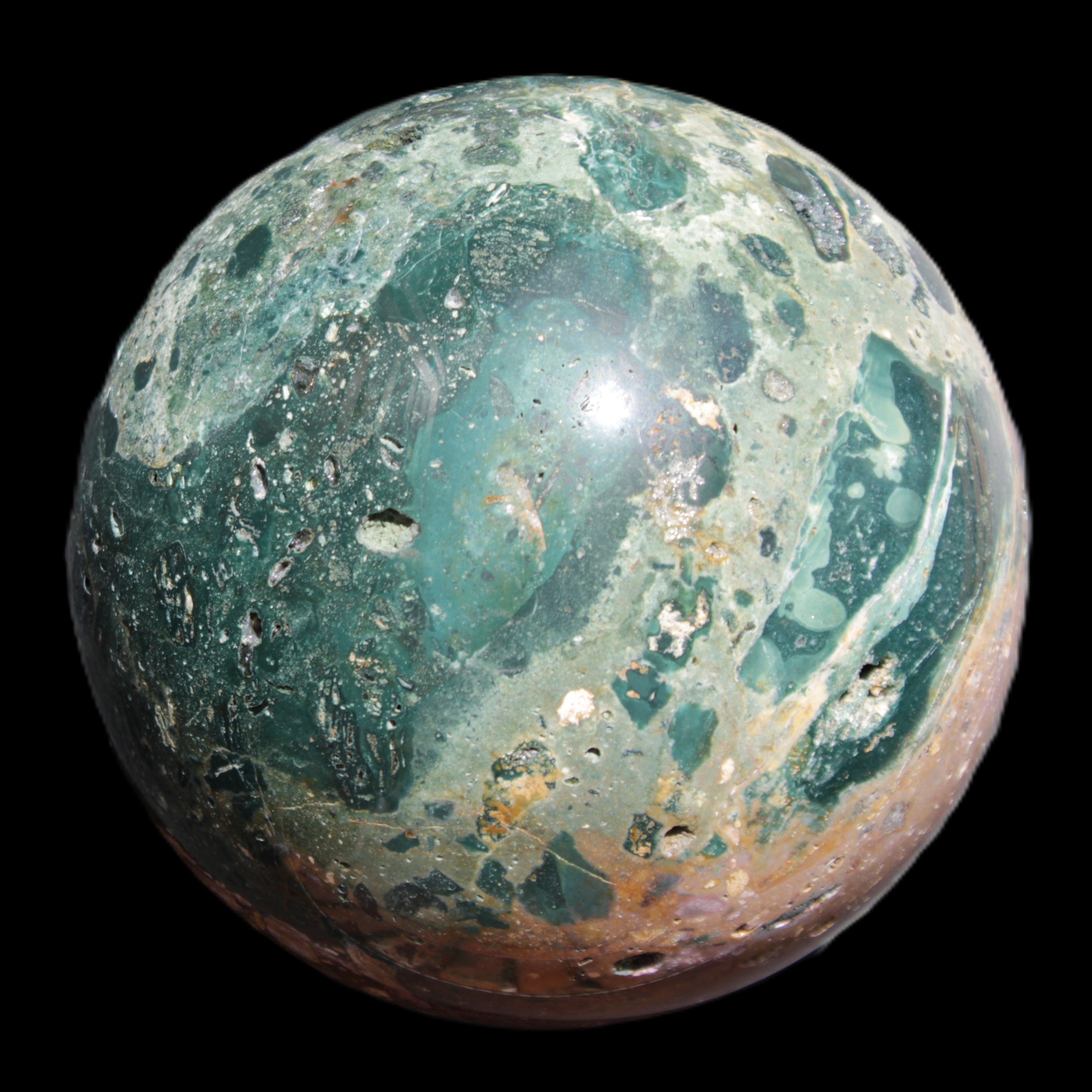 Large Ocean Jasper sphere 129mm 2900g in sunlight - Rocks and Things Store
