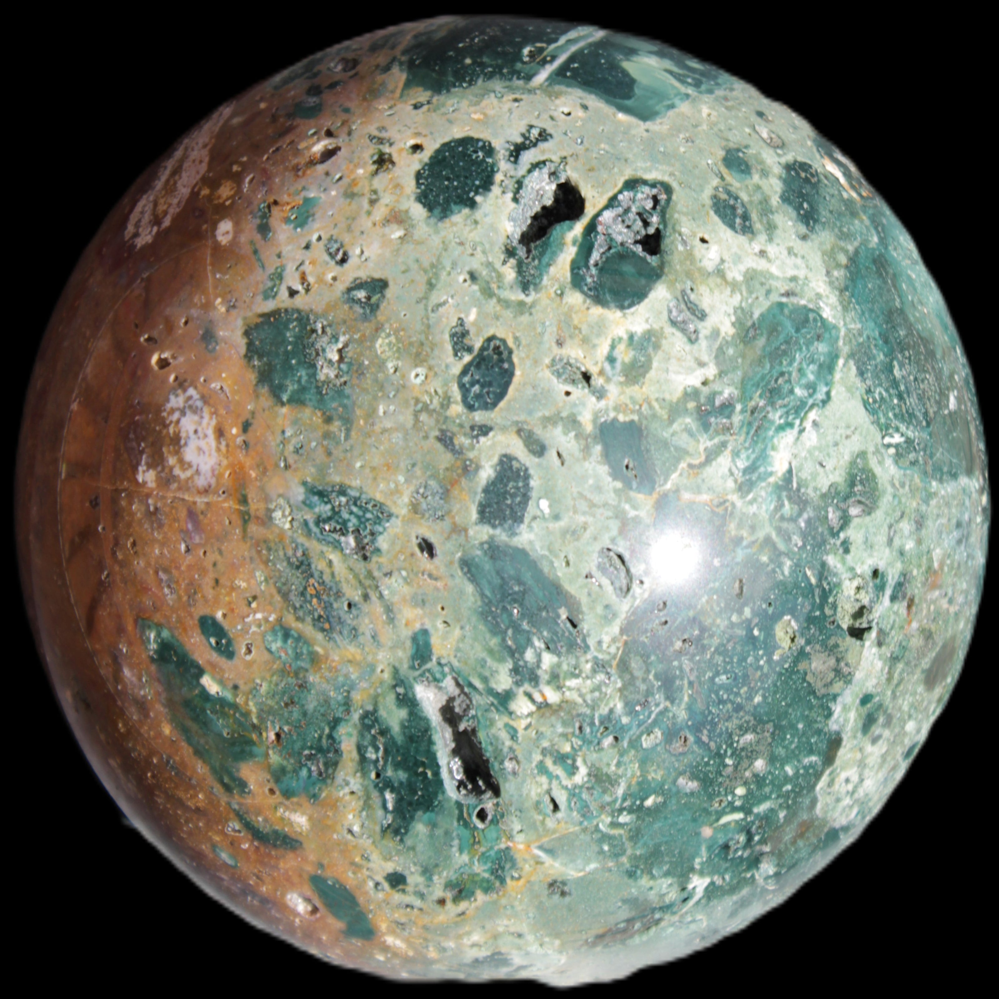 Large Ocean Jasper sphere 129mm 2900g in sunlight - Rocks and Things Store