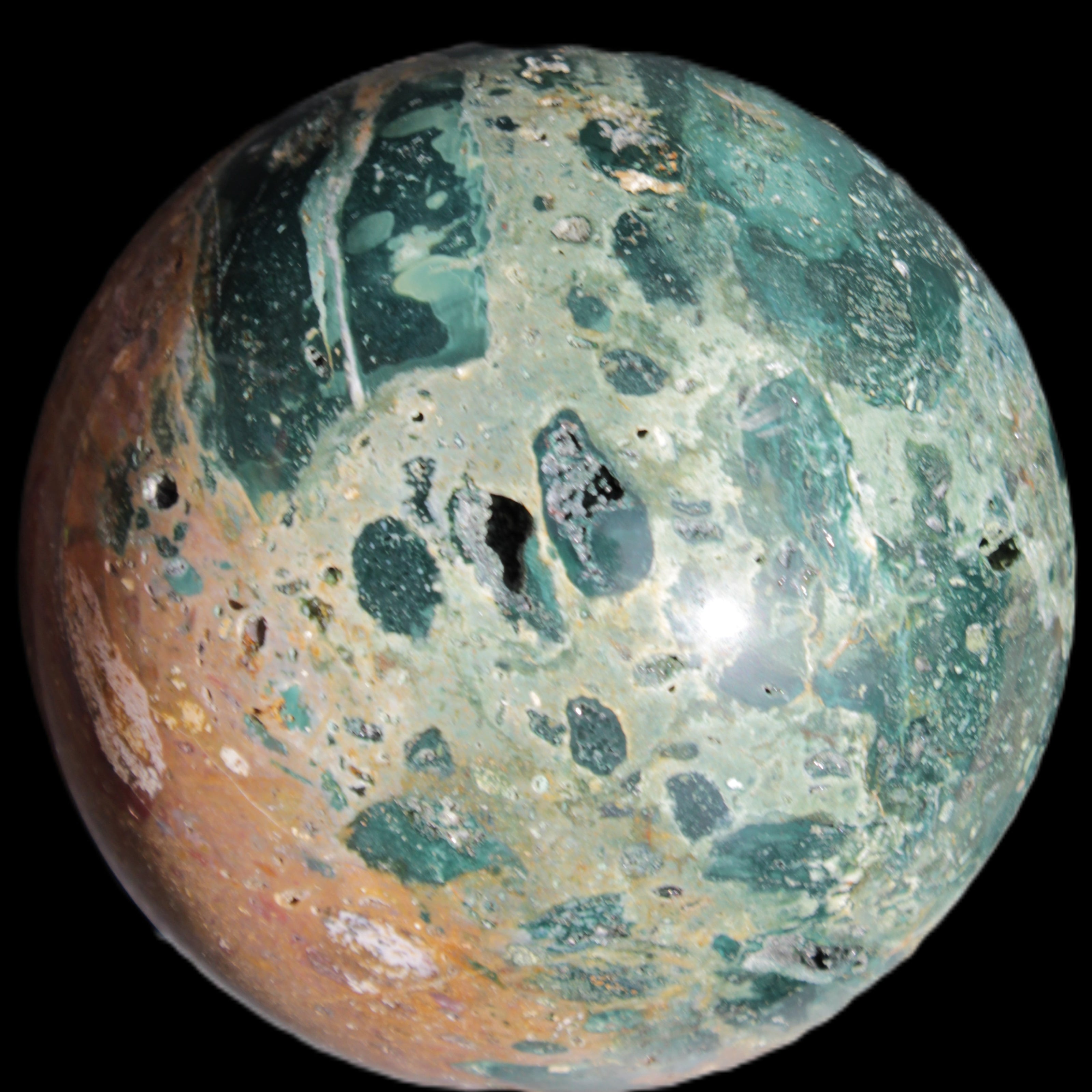Large Ocean Jasper sphere 129mm 2900g in sunlight - Rocks and Things Store