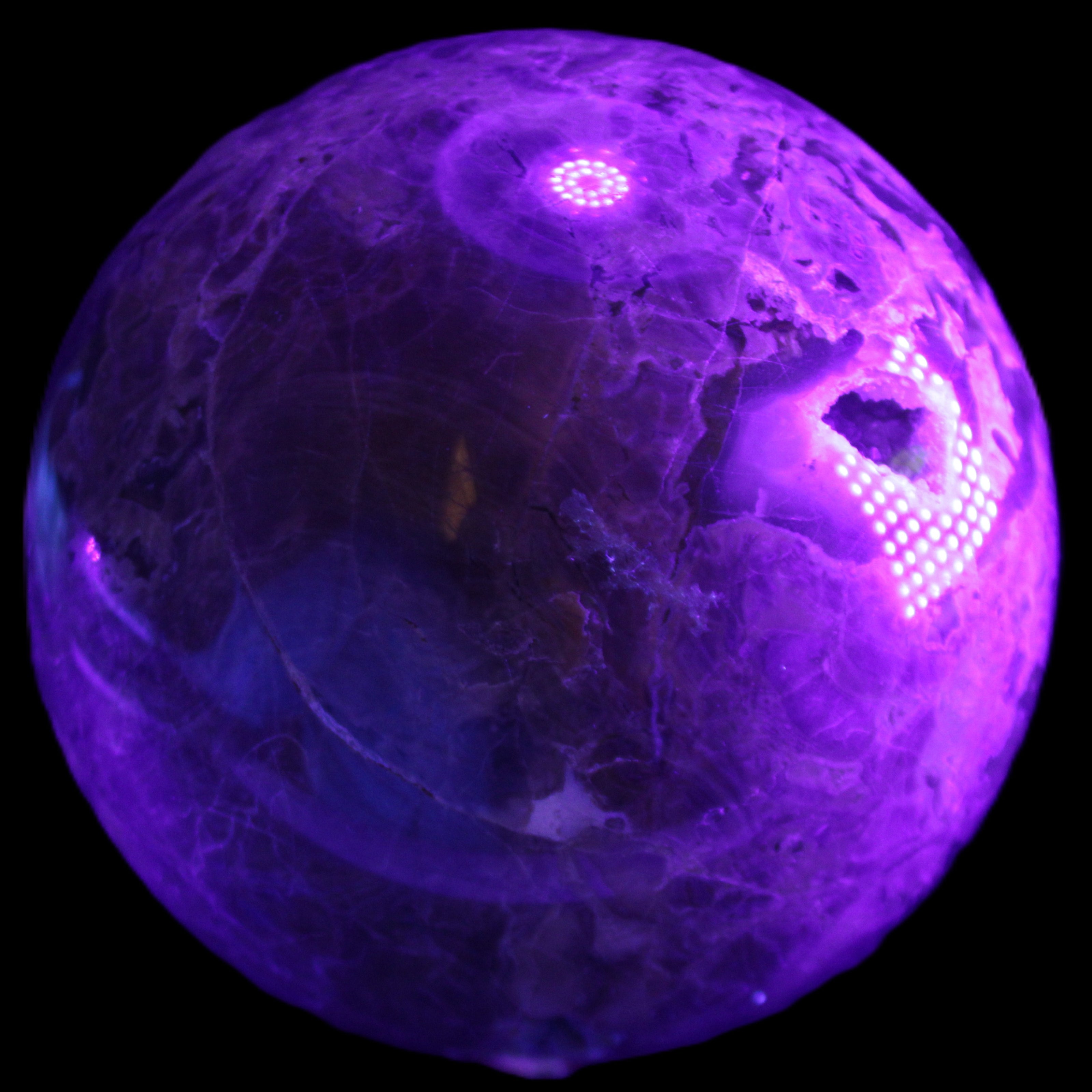 Volcano Agate sphere 135mm 3240g in UV light - Rocks and Things Store